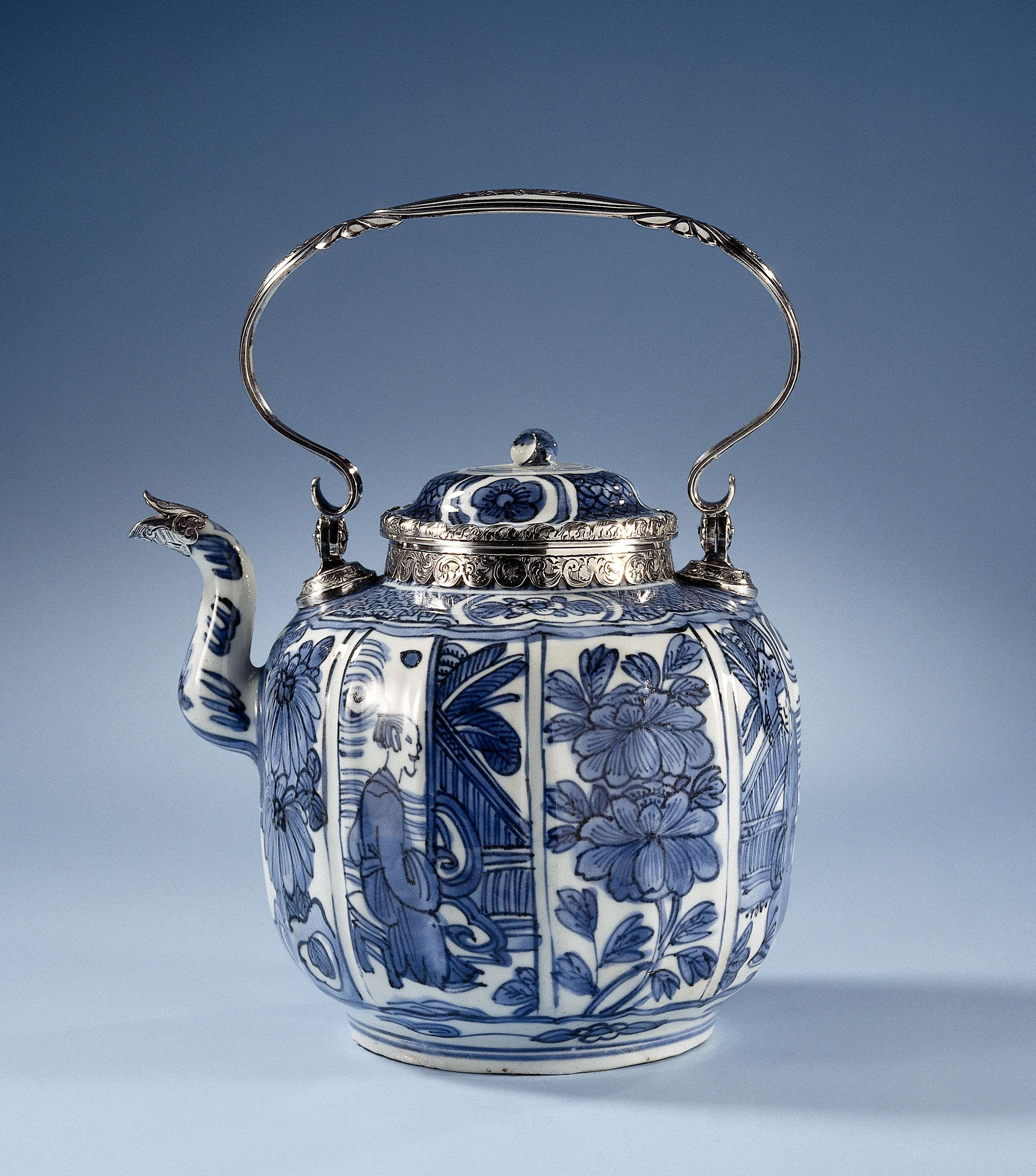 Teapot with panel decoration featuring flowers and silver mounts, ceramic by Unknown Artist.