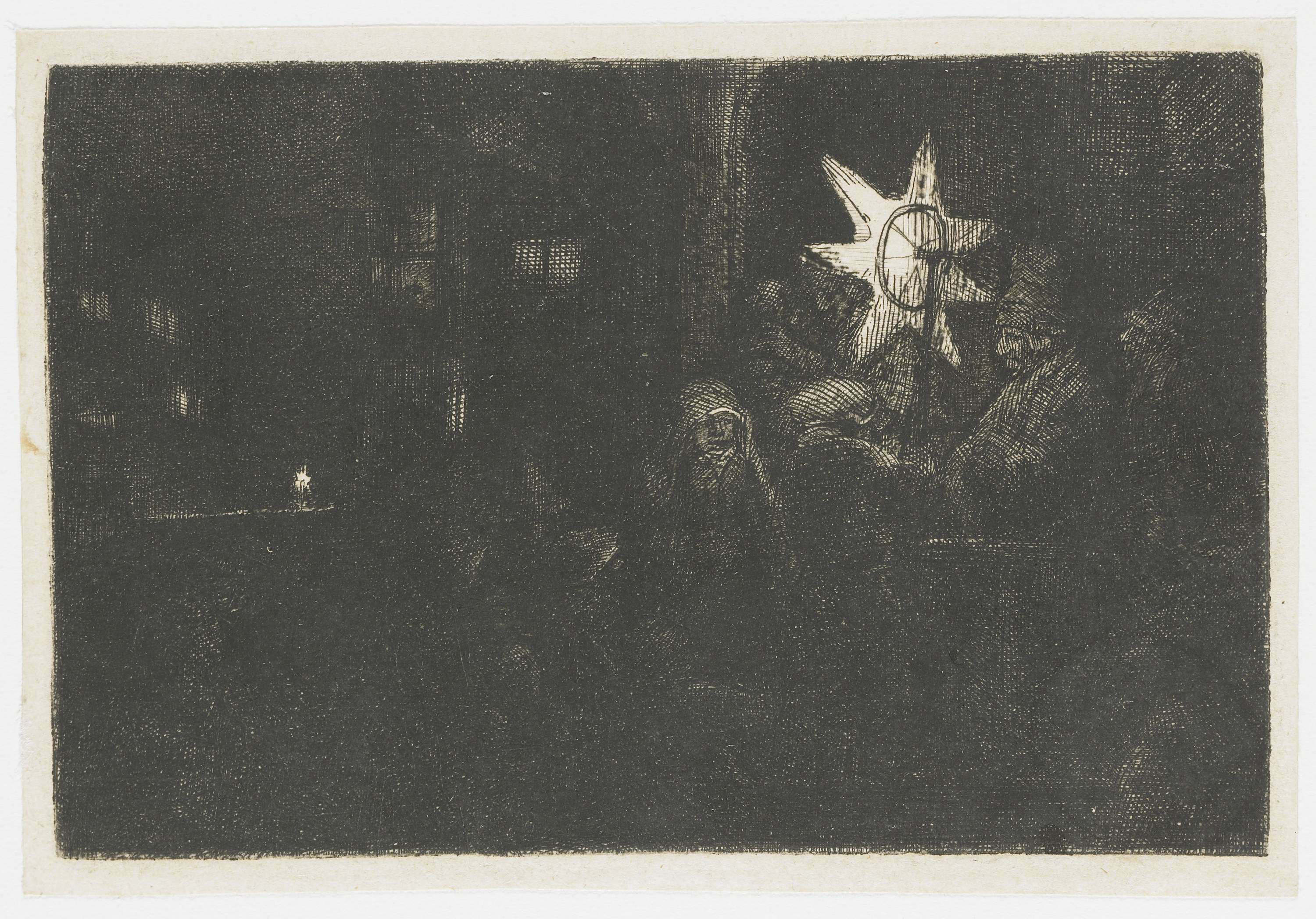 Etching by Rembrandt van Rijn featuring a cloaked figure under stars.
