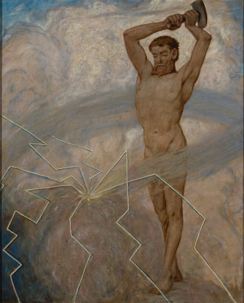 A depiction of Thor, the god of thunder, in a dramatic setting.