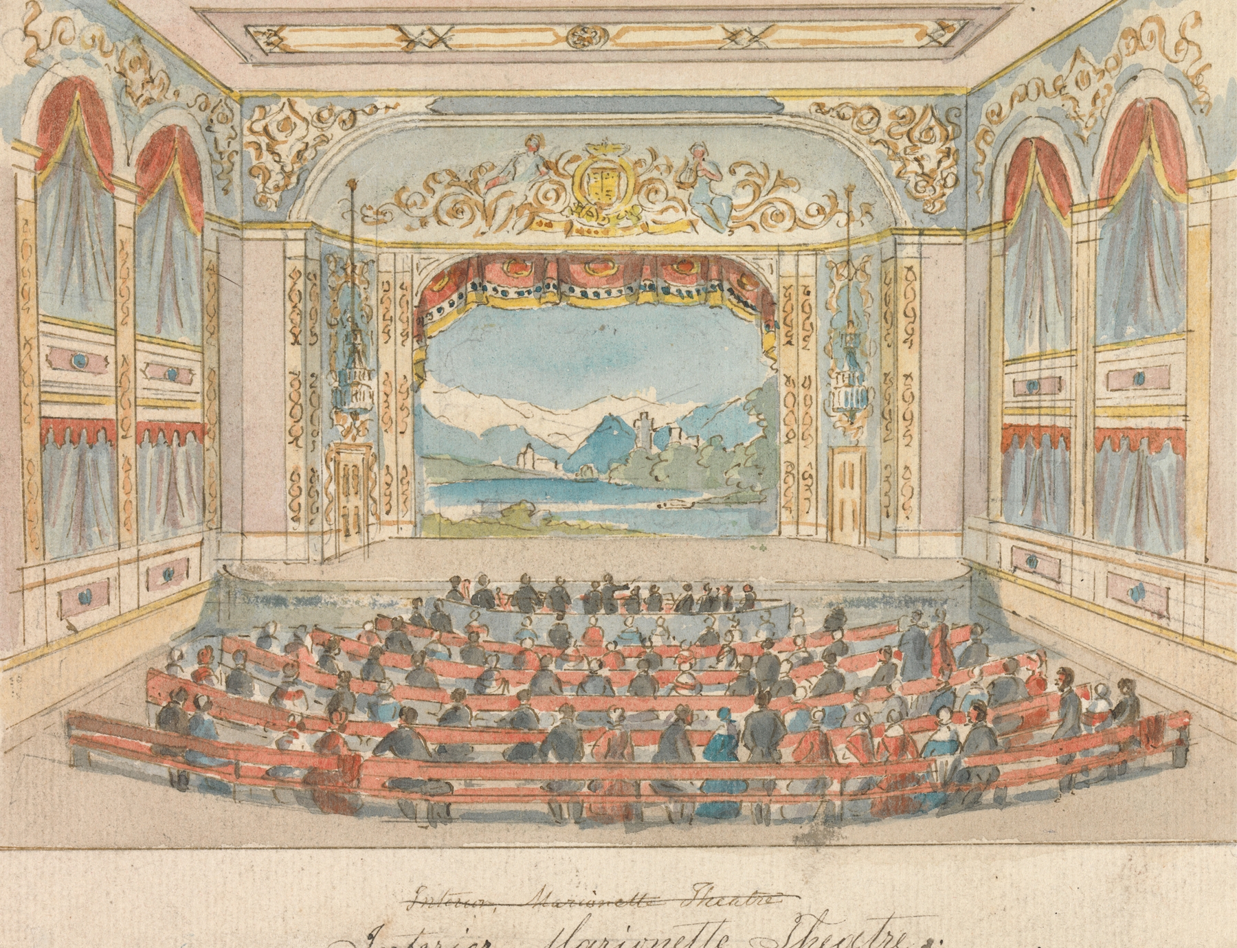 Interior Marionette Theatre by William Henry Brooke, depicting marionettes in a theatre setting, unknown medium