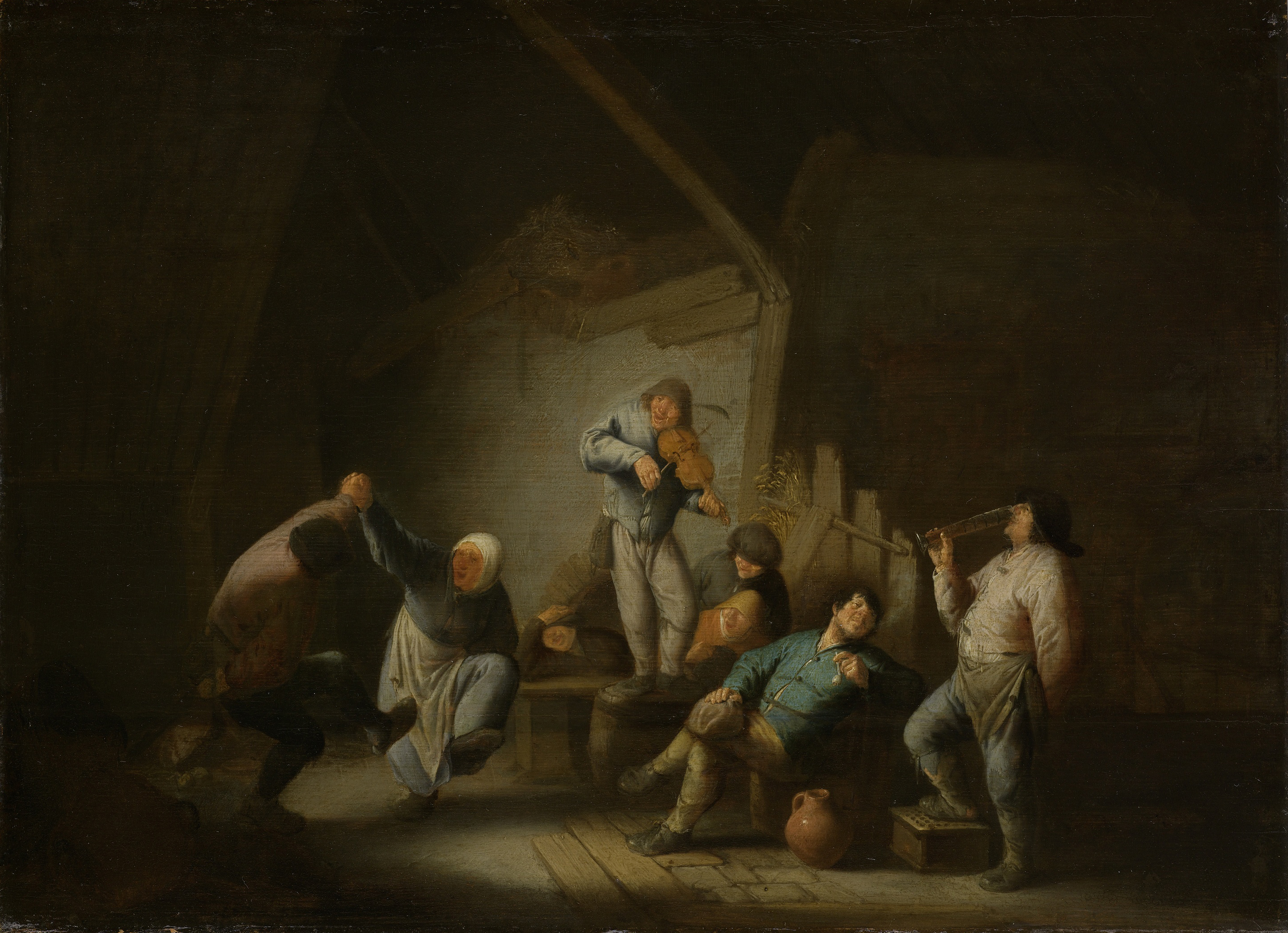 Dancing Couple, oil on panel by Adriaen van Ostade, depicting a couple dancing in an interior.