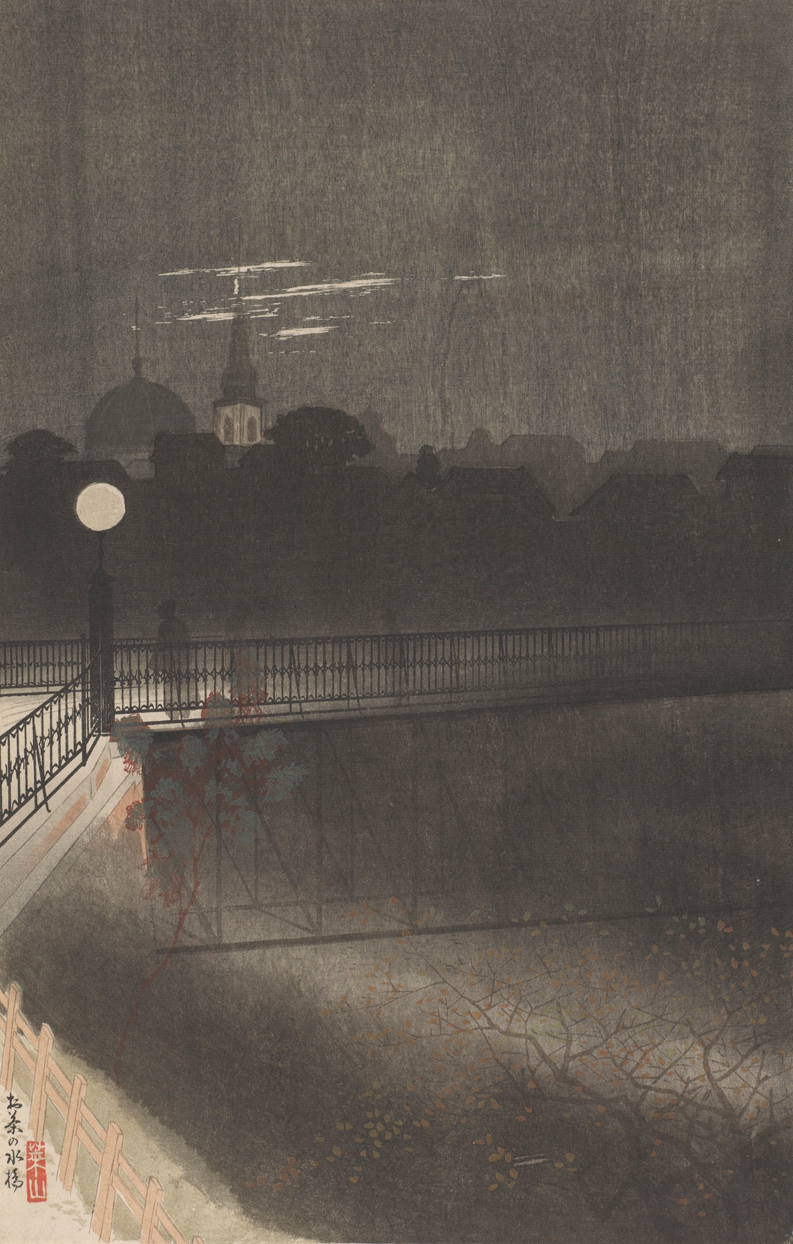 Ochanomizu Bridge by Negoro Raizan, ink on silk, depicting a landscape with lush foliage and water.