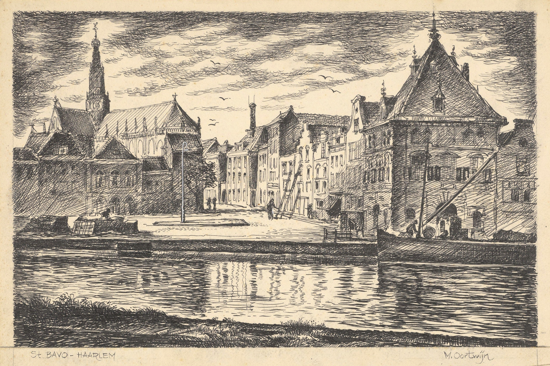 Landscape oil painting by Maarten Oortwijn depicting a cityscape with buildings and a church.