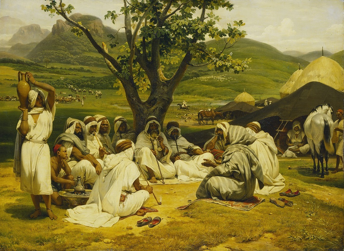 A painting depicting an Arab tale-teller in a vibrant setting.