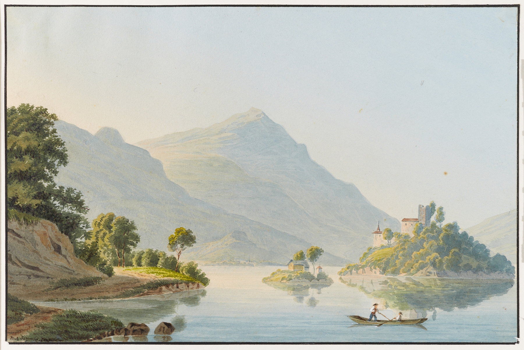 Landscape of Schwanau Island on Lauerzersee, oil on canvas by David Alois Schmid
