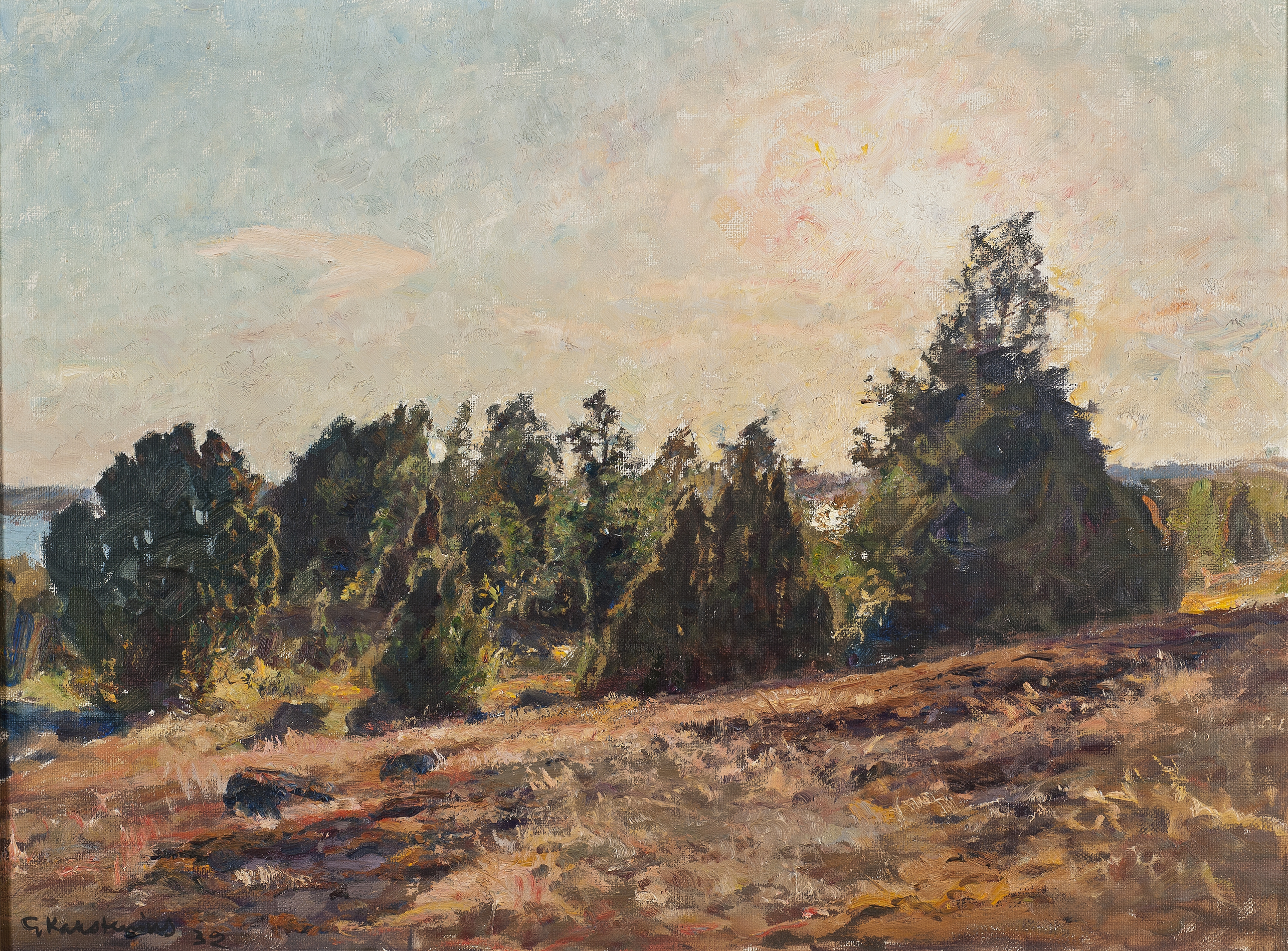 Landscape at evening over water, oil painting by Gottfrid Kallstenius