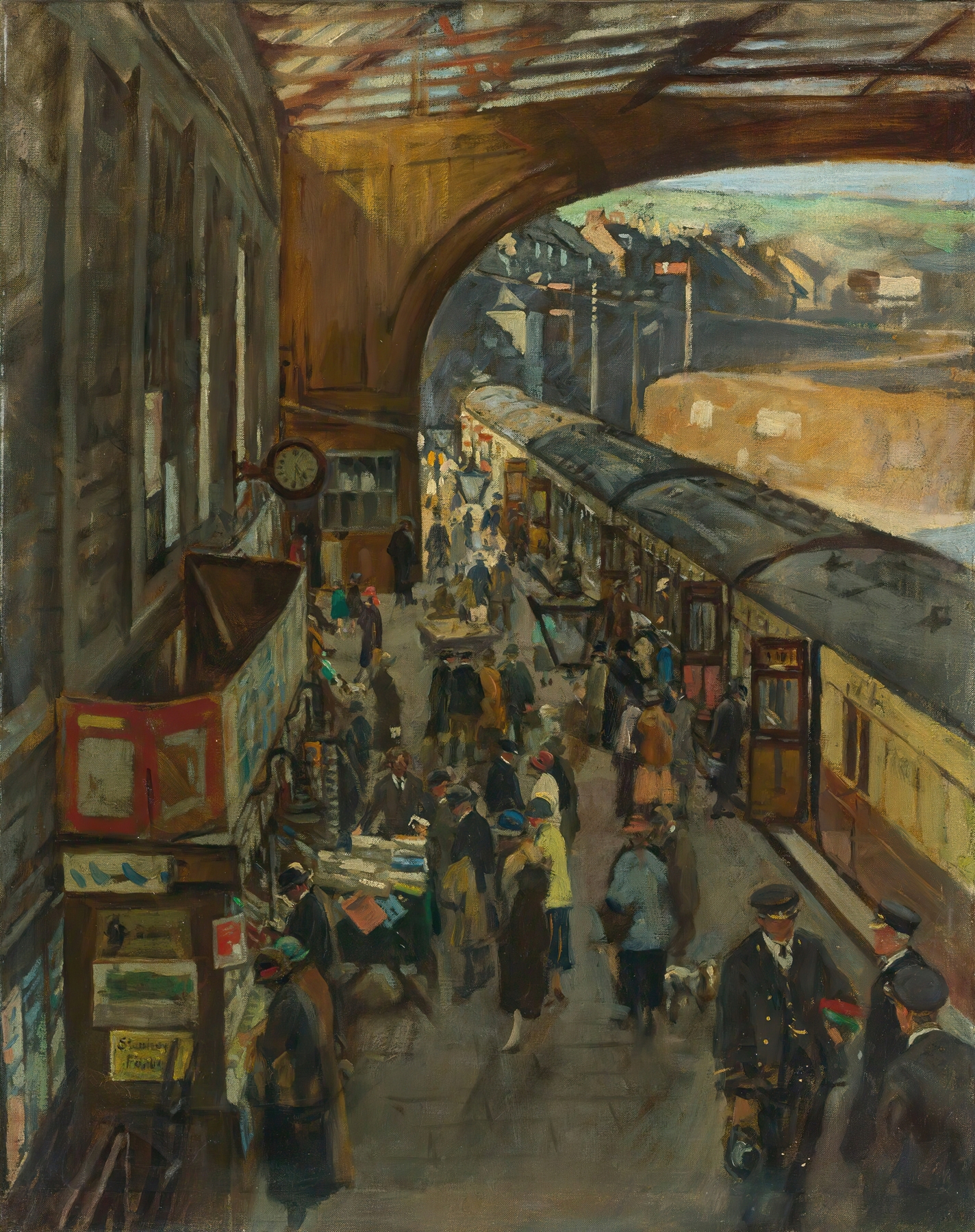 Genre scene of a train station with figures and sunlight, oil painting by Stanhope Alexander Forbes