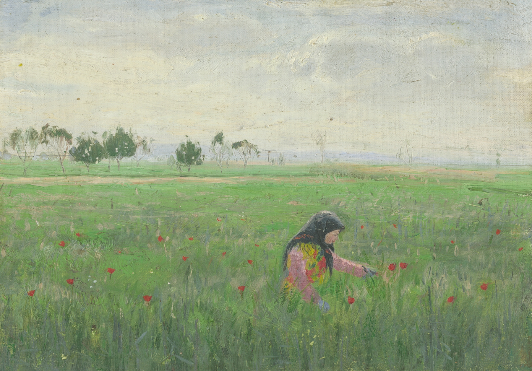 Woman in a meadow, oil on canvas by Karol Miloslav Lehotský