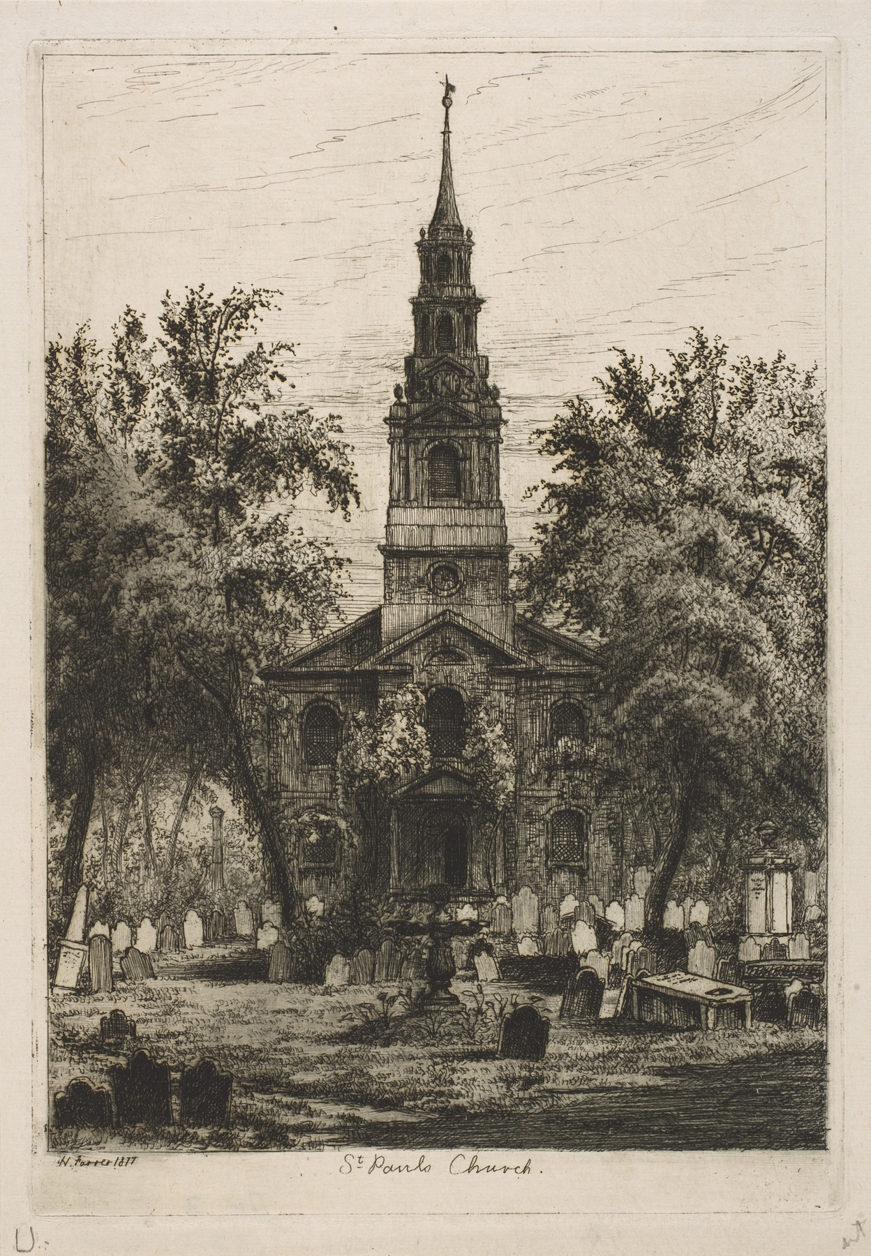 St. Paul’s Chapel, New York engraving by Henry Farrer, featuring columns and stained glass.