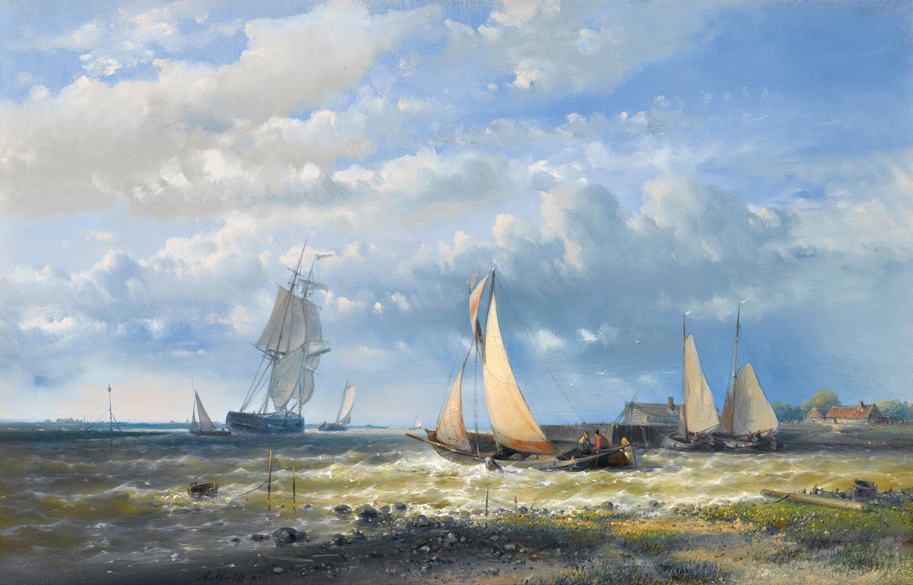 Oil on canvas by Abraham Hulk depicting a small vessel sailing into the sea