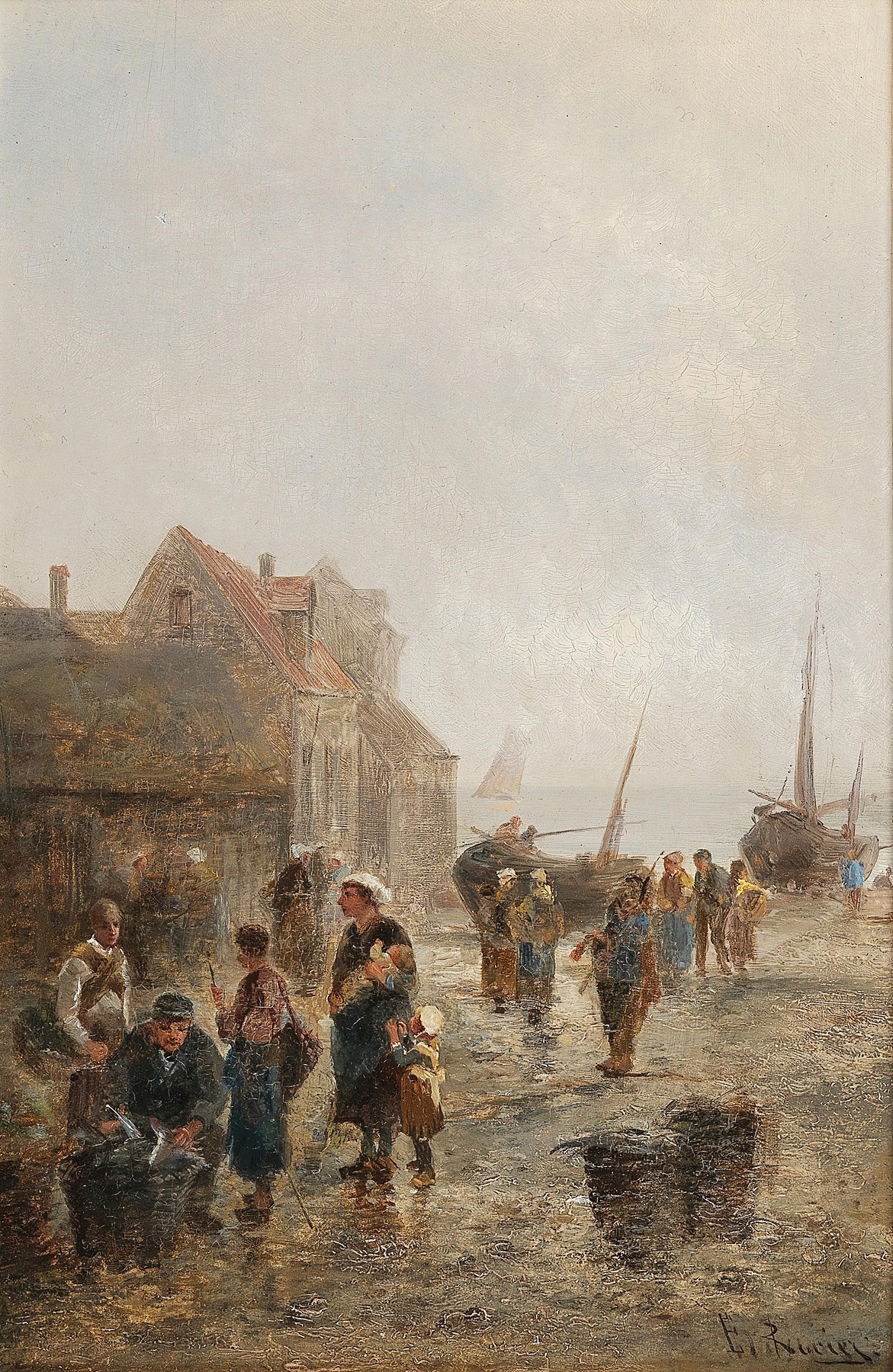 Busy Activity in a Fishing Village by Emil Barbarini, oil on canvas depicting a lively fishing scene