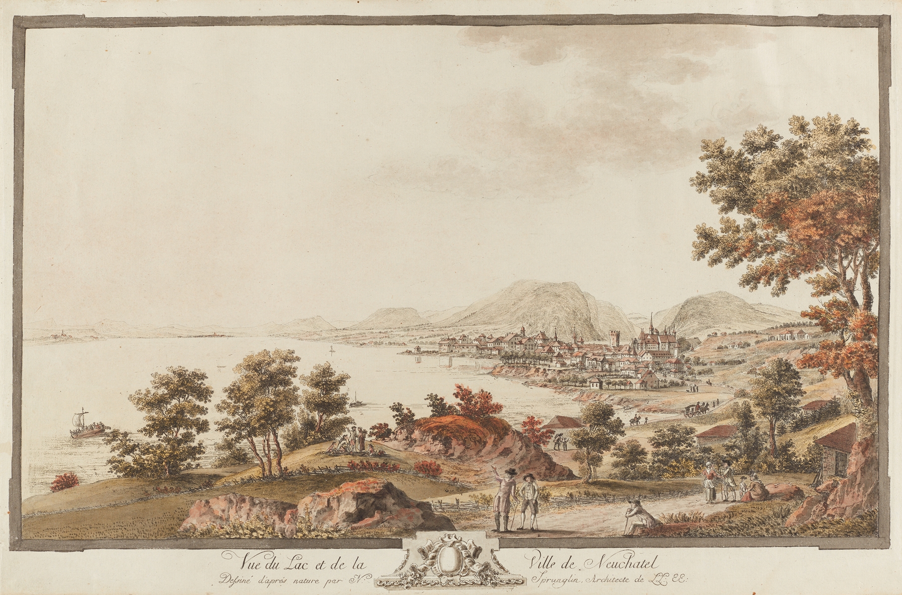 Vue du Lac et de la Ville de Neuchatel by Niklaus Sprüngli, oil painting depicting a serene lake and city.