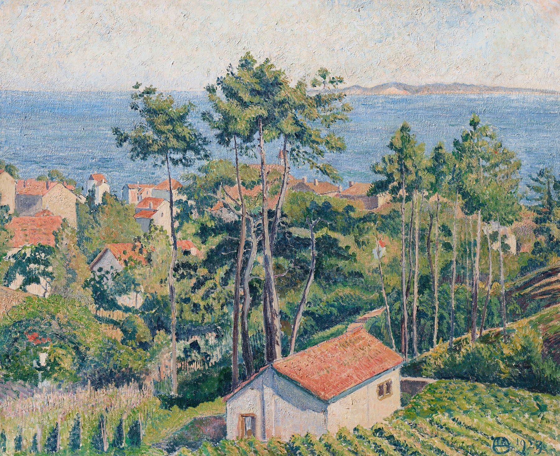 Marine oil painting by Lucien Pissarro depicting a tranquil sea and horizon.