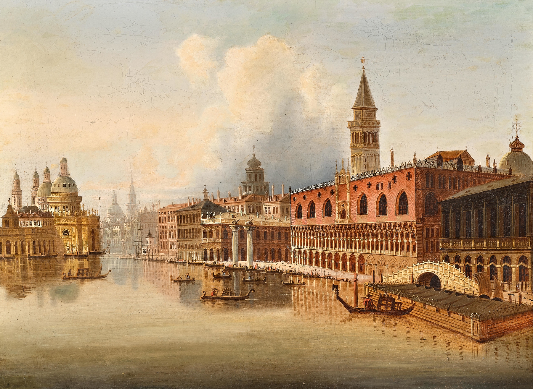 A Venetian scene by Johann Wilhelm Jankowsky, oil on canvas featuring gondoliers on water.