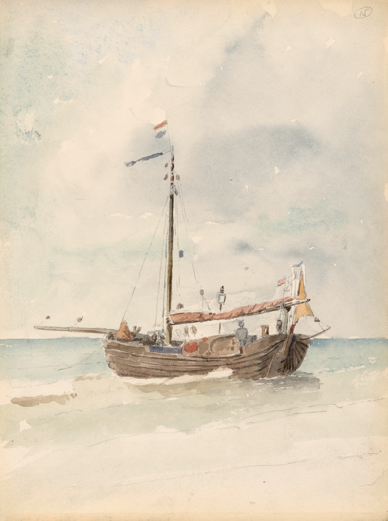 A Dutch Barge by Whitney Warren Jr., oil painting depicting a barge on shimmering waters.