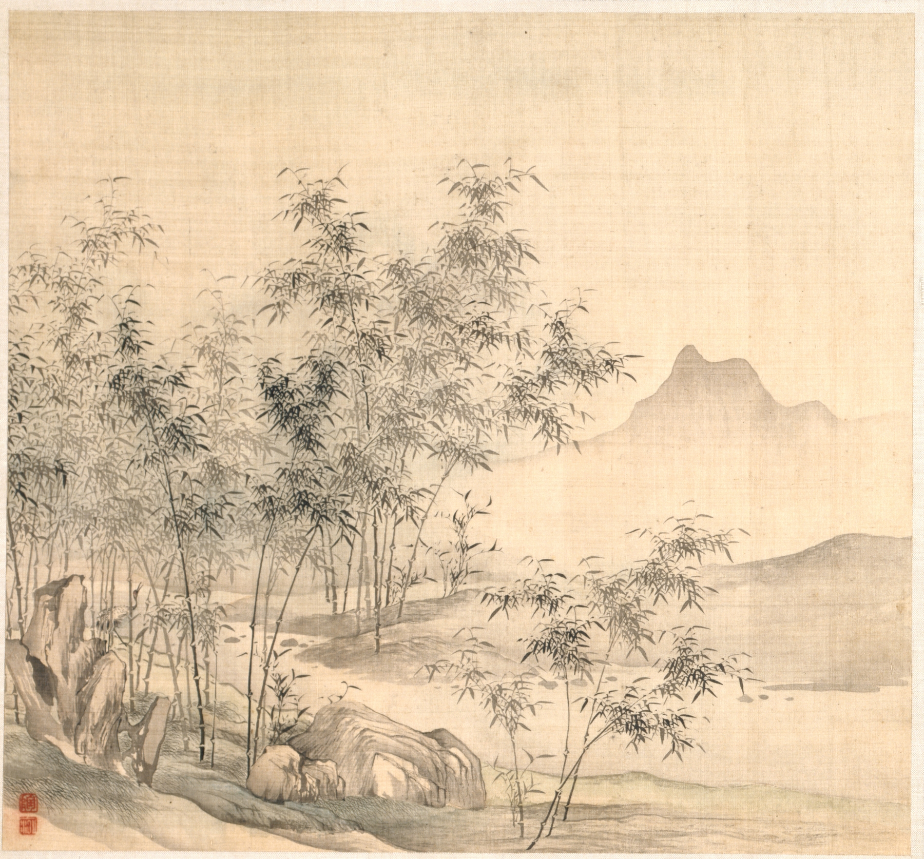 A solitary crane in a bamboo grove, ink on silk by Tao Hong