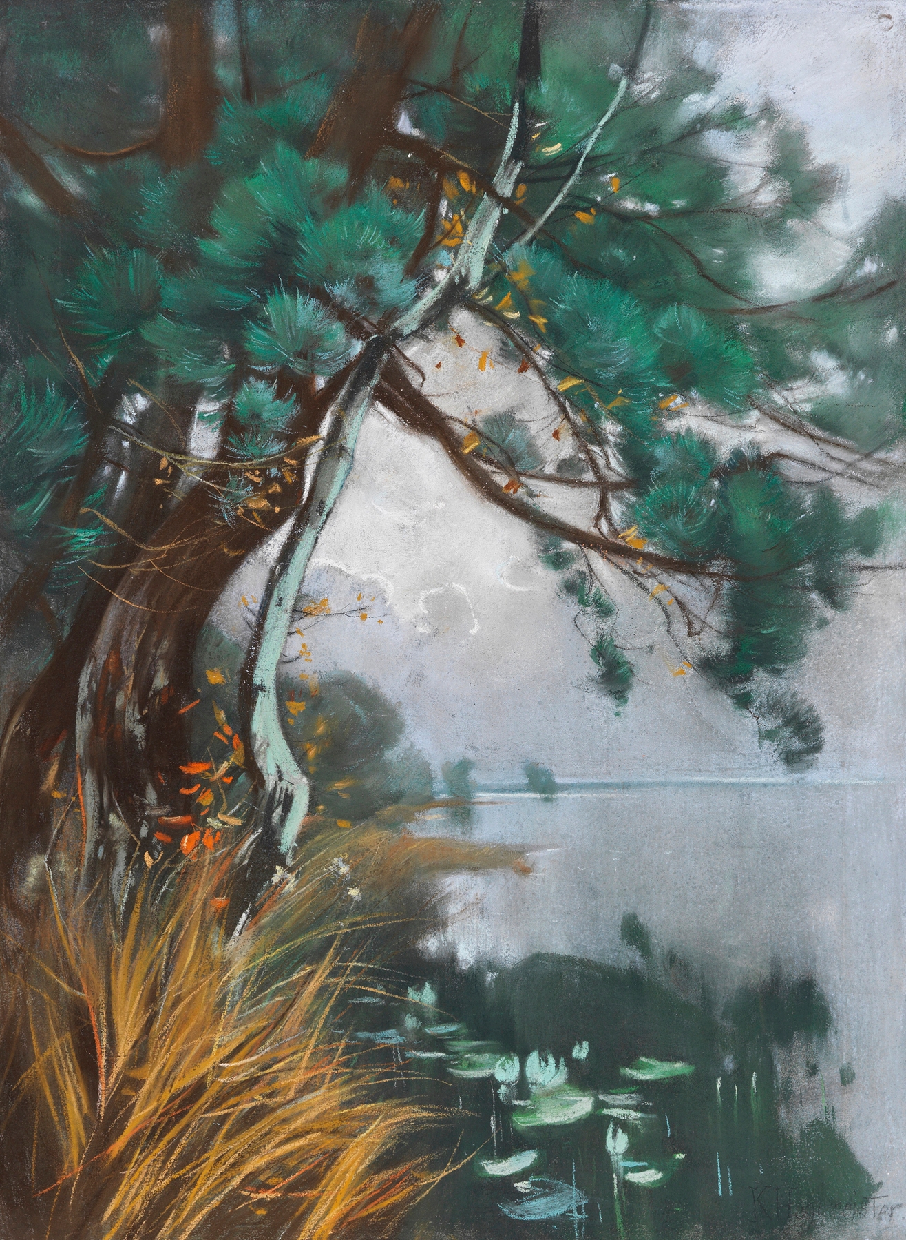 Uferlandschaft mit Kiefern und Seerosen by Karl Hagemeister, oil painting of pines and water lilies.