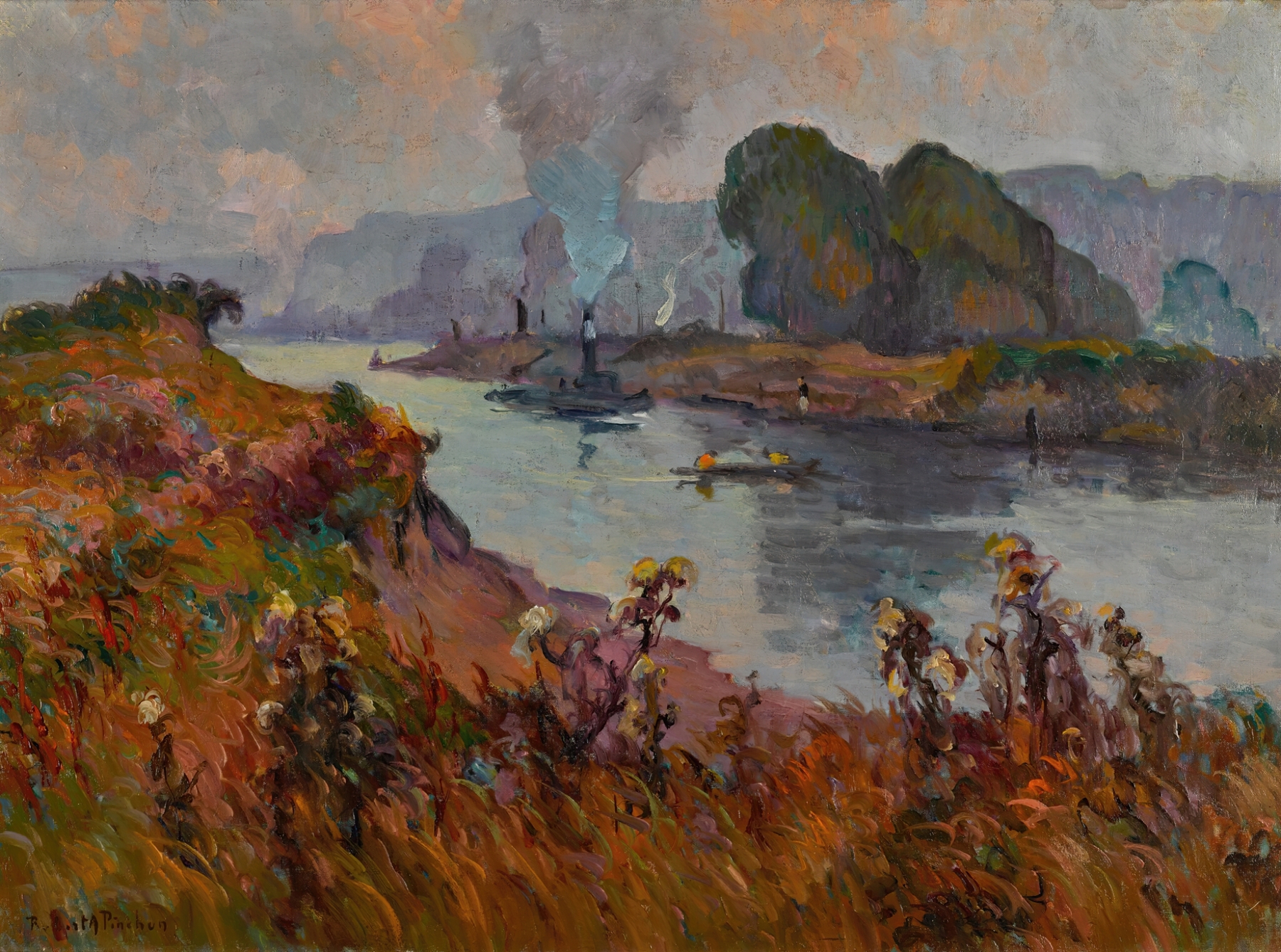 Bord de Seine by Robert Antoine Pinchon, oil on canvas depicting a tranquil river and trees.