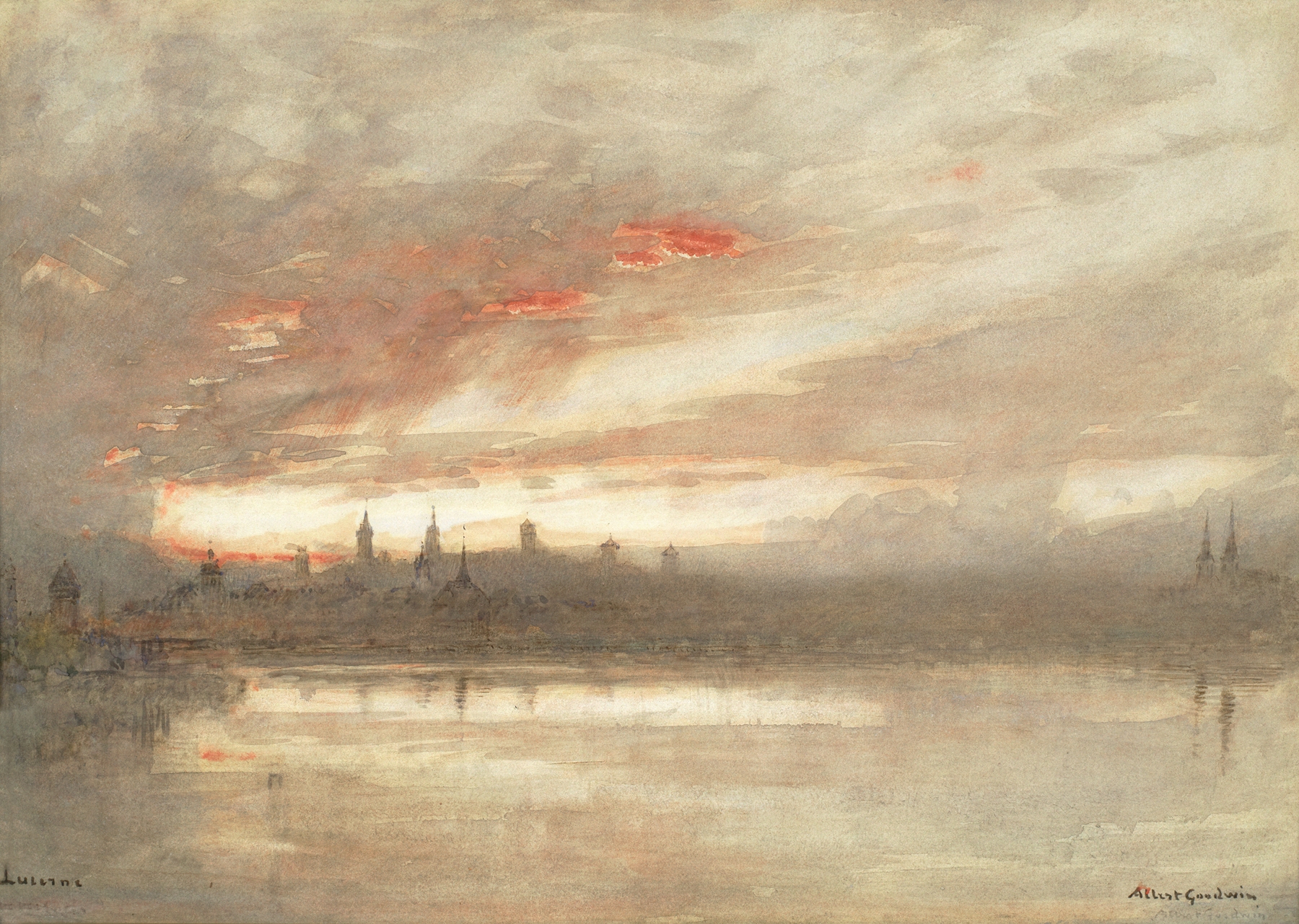 A view over Lake Lucerne, oil on canvas by Albert Goodwin, featuring mountains and a luminous sky.