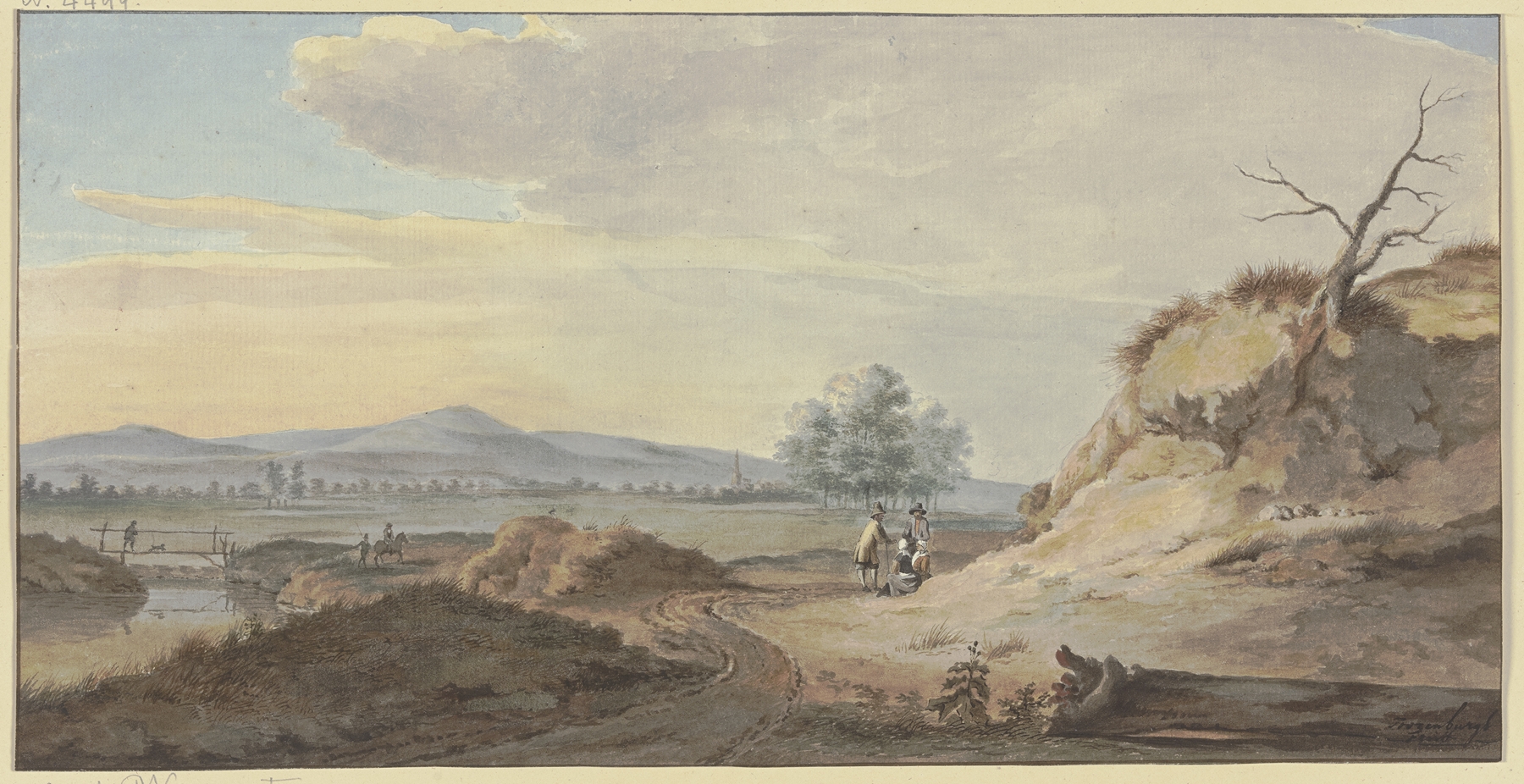 Landscape with a dry tree and two couples conversing, oil on canvas by Gerrit Toorenburgh