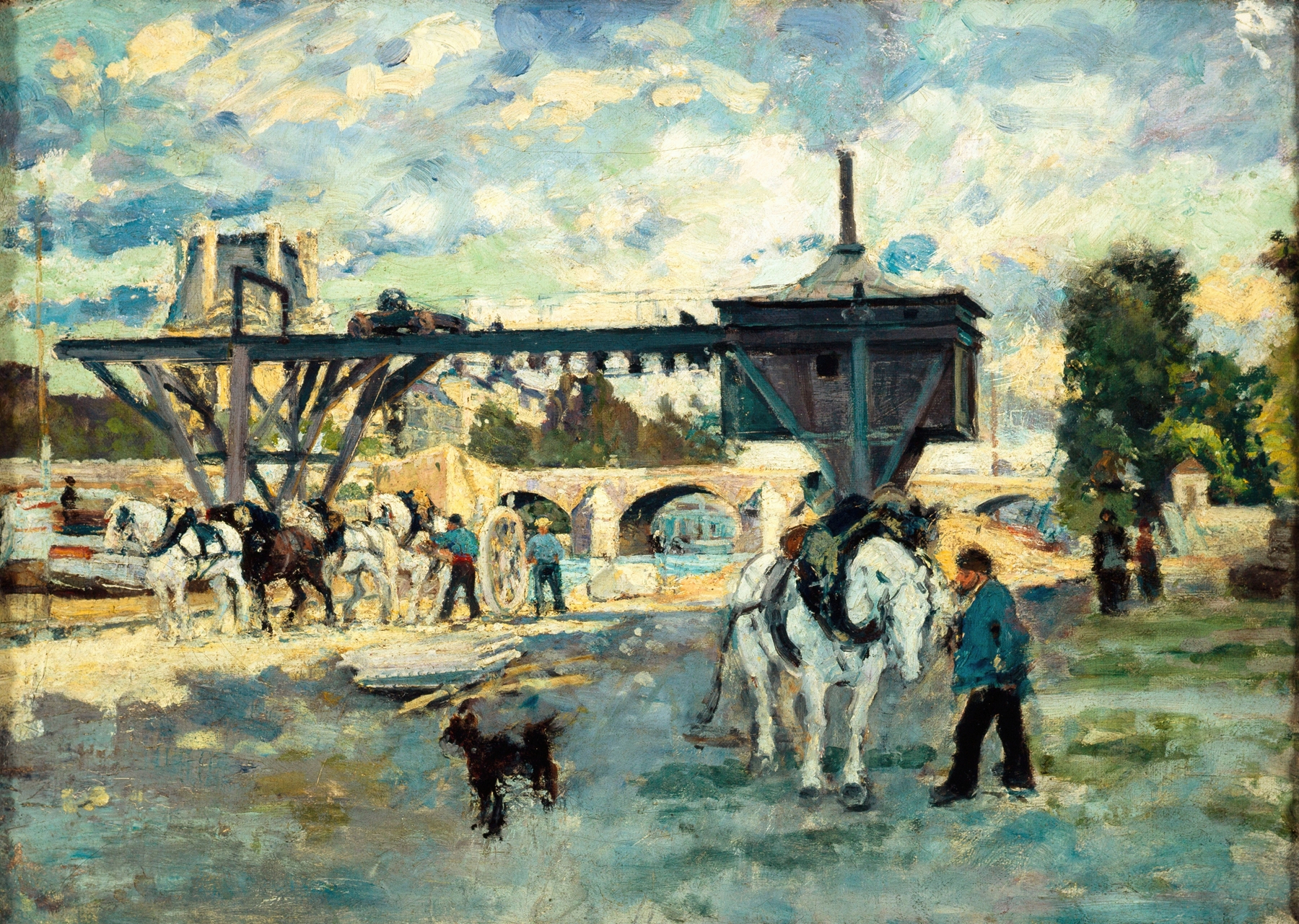Grue sur la Seine au pont Royal by Emile Antoine Guillier, oil painting depicting a river and bridge at sunset