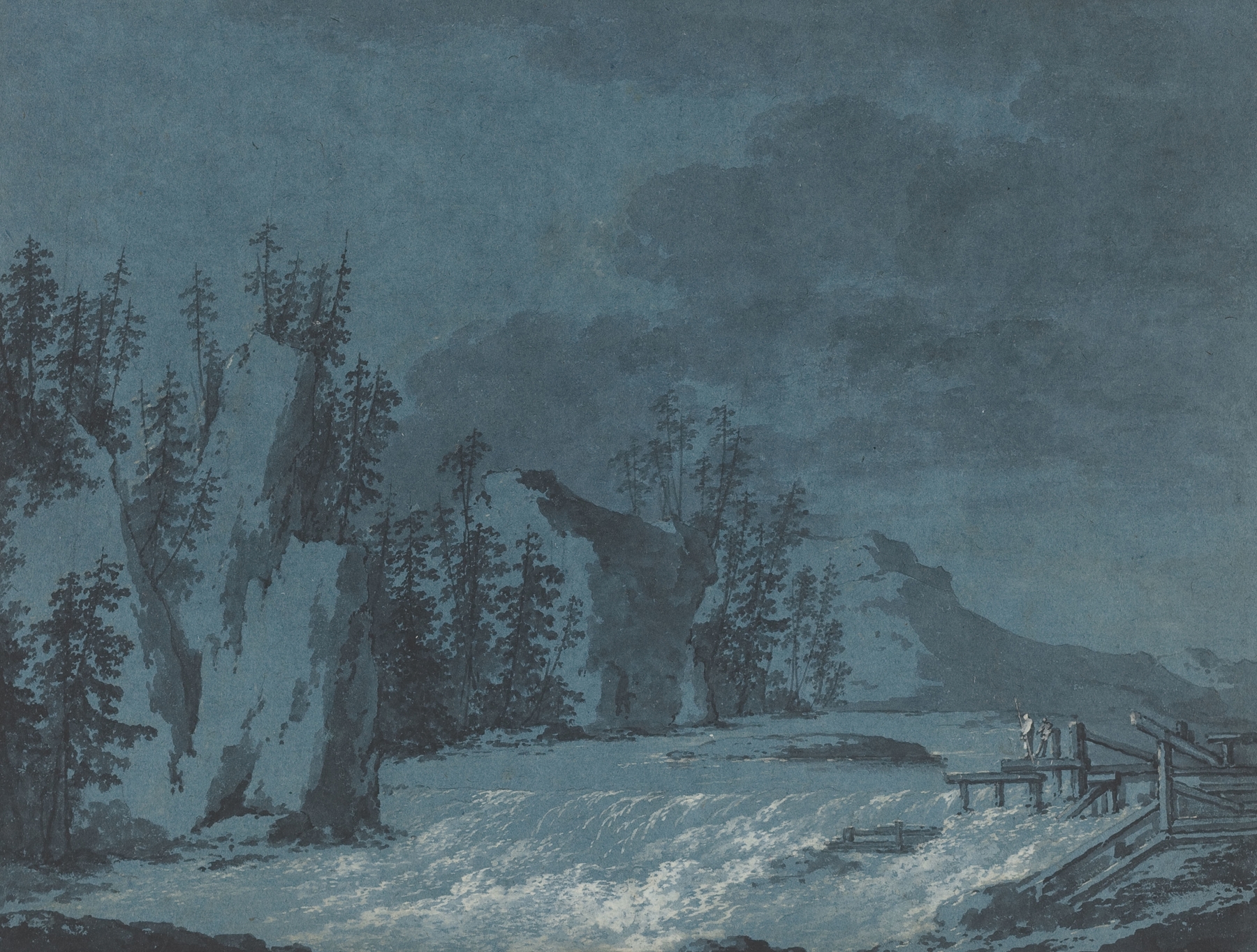 River Rapids by Claude-Louis Châtelet, oil painting depicting a rushing river and wooded cliffs