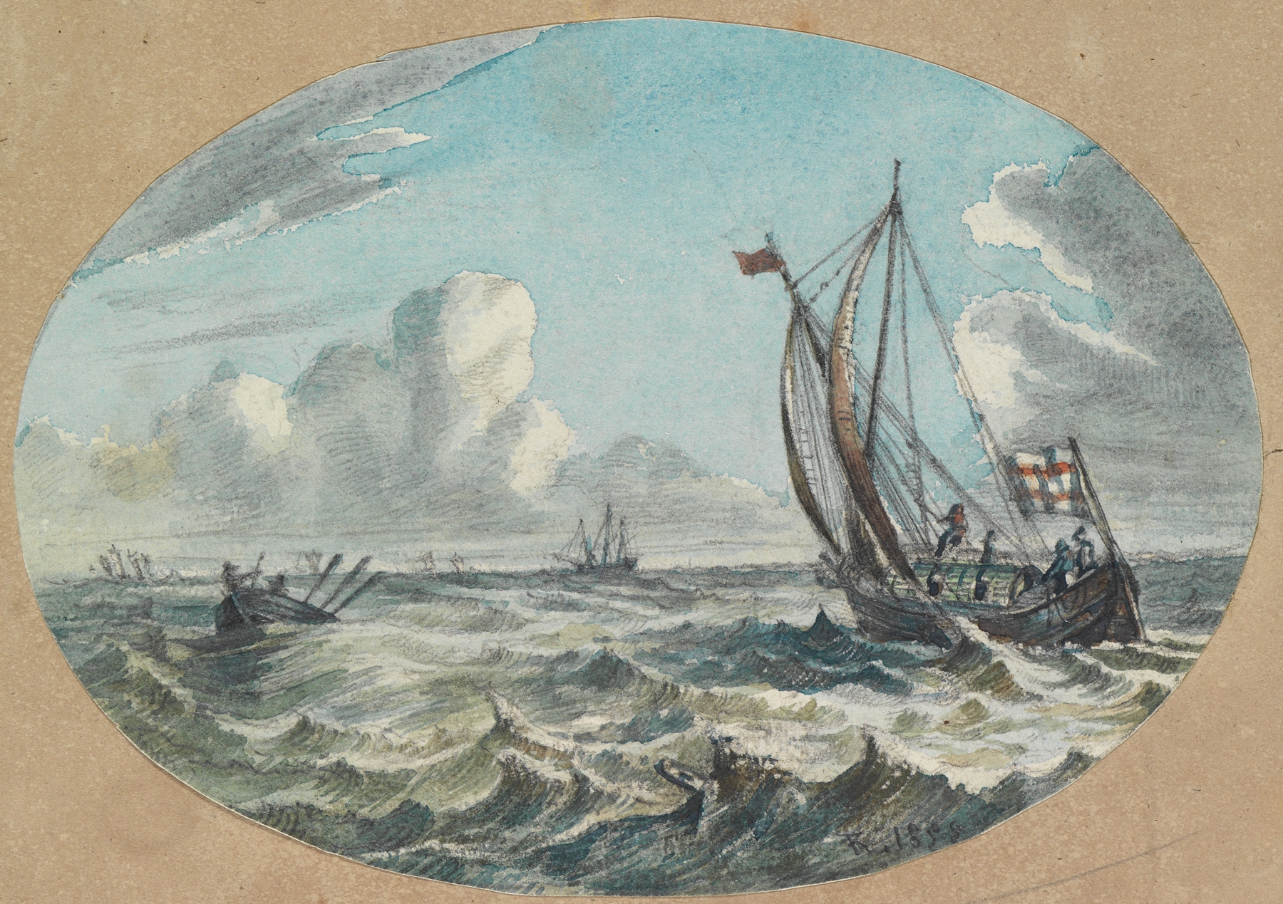 Marine scene with sailboats on turbulent sea by Ferdinand Keller, oil painting