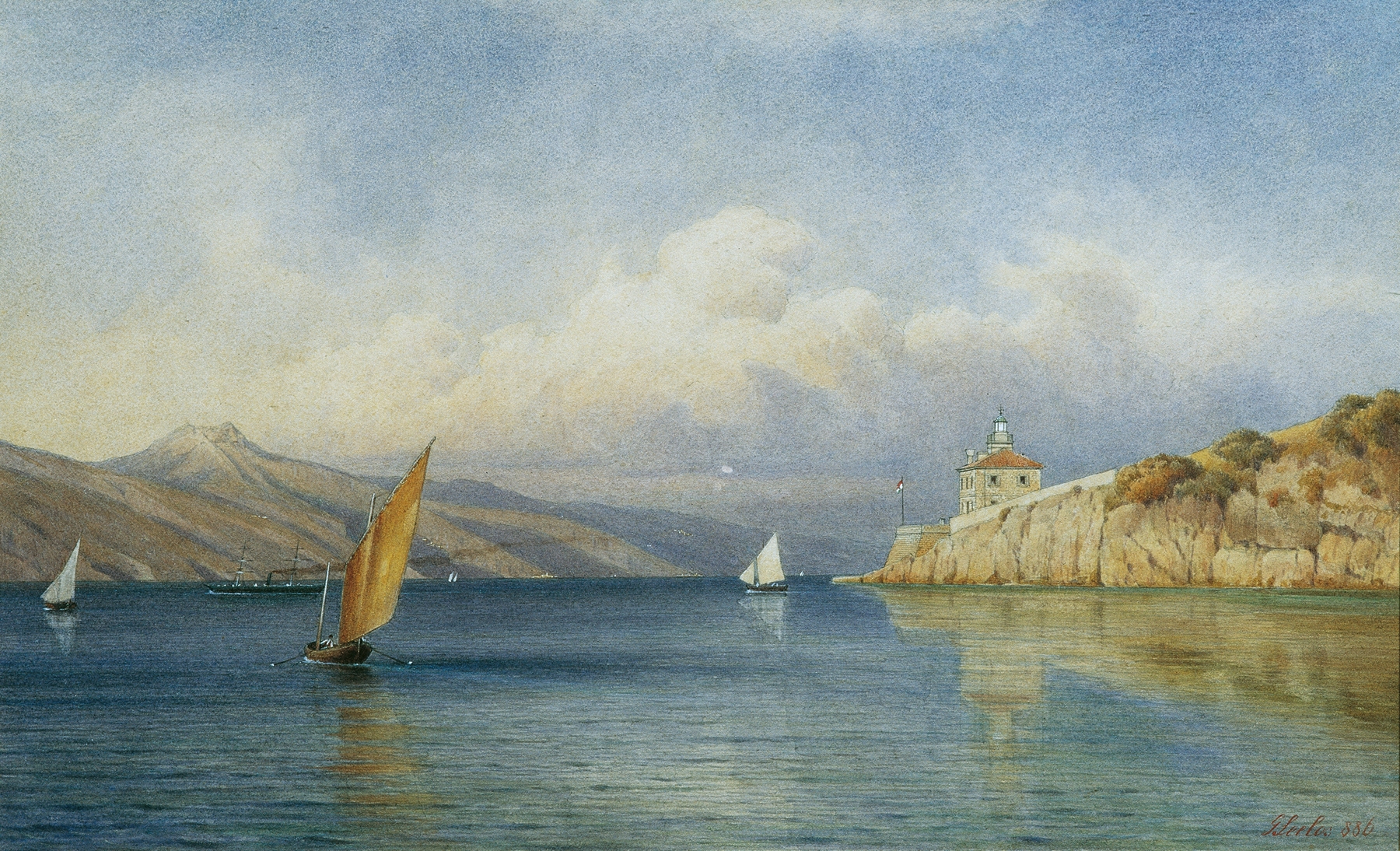 Lighthouse at sunset, oil painting by Gottfried Seelos