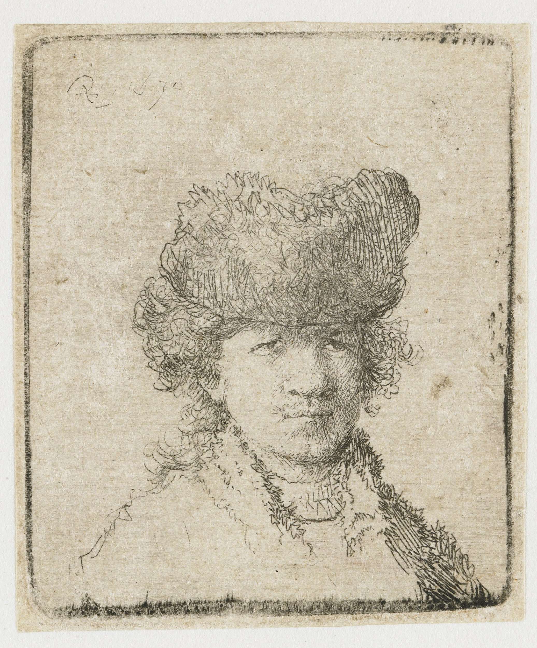 Self-portrait in a fur cap: bust by Rembrandt van Rijn, etching