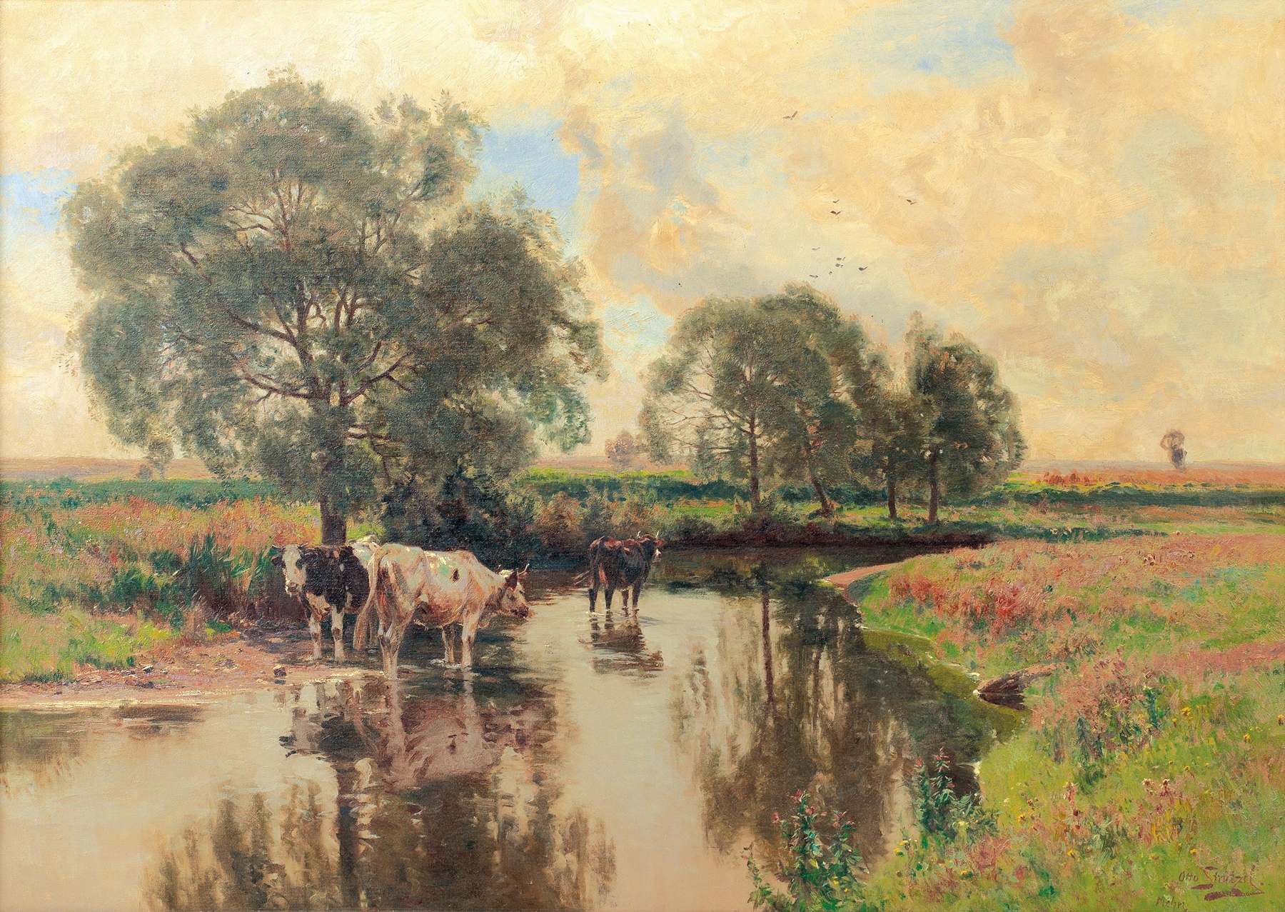 Kühe am Bachufer by Otto Strützel, oil on canvas, cows by a stream in a lush landscape
