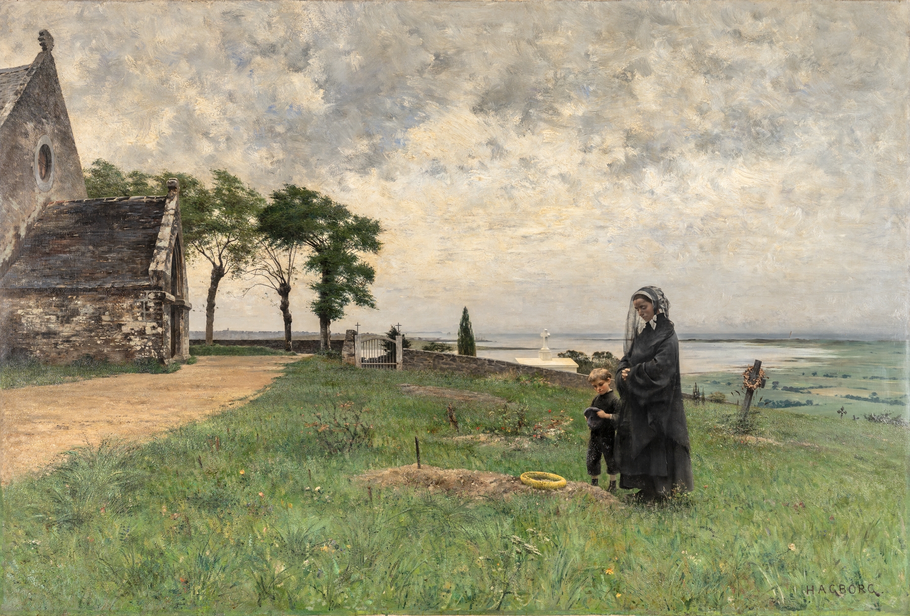 The Cemetery at Tourville, oil on canvas by August Hagborg, featuring gravestones and lush trees.