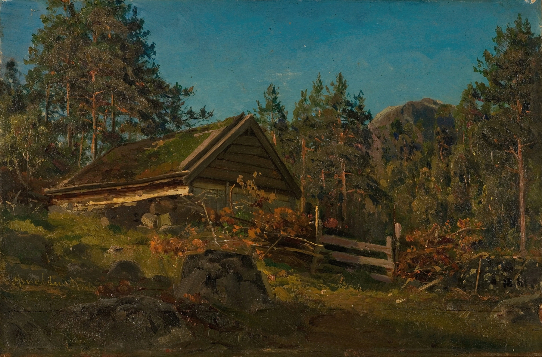 Sommerfjøs by Amaldus Nielsen, oil painting depicting a barn in golden light.