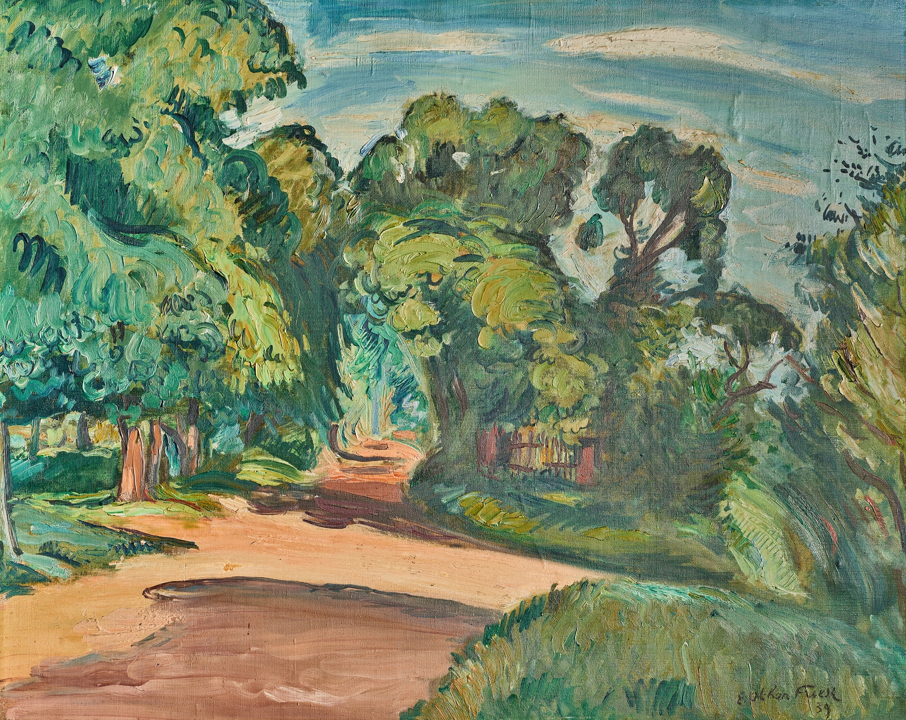 Abstract composition by Emile Othon Friesz, 1939, featuring vibrant colors and dynamic brushstrokes.