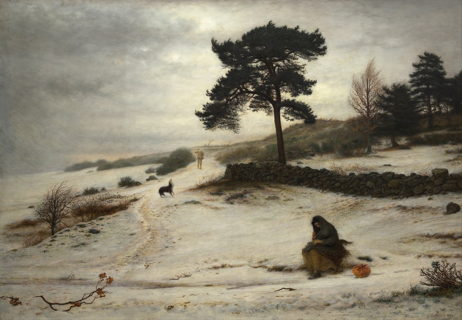 Figurative oil painting by Sir John Everett Millais depicting a cloaked figure in a winter landscape.