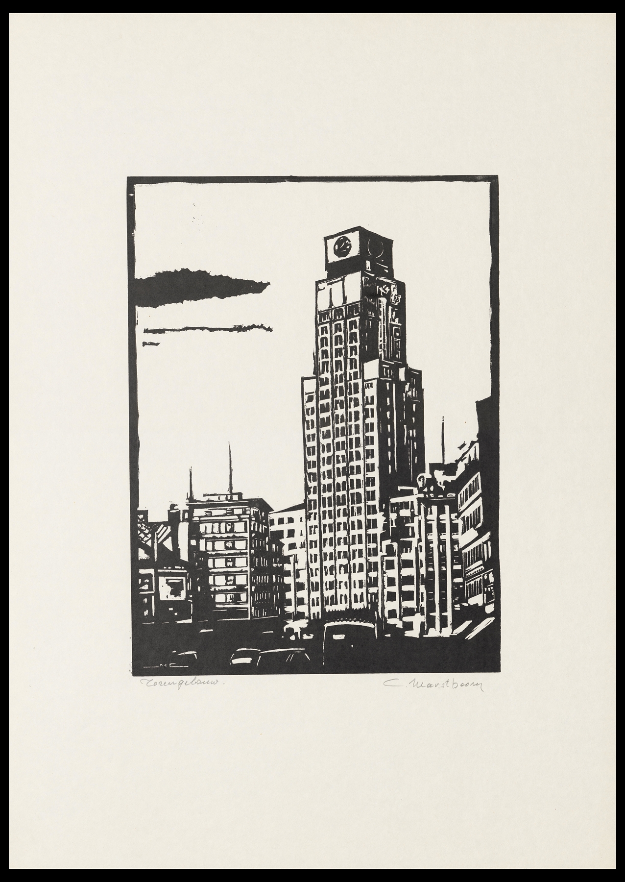 Torengebouw by C. Marstboom, modernism, depicting a towering structure with light and shadow.