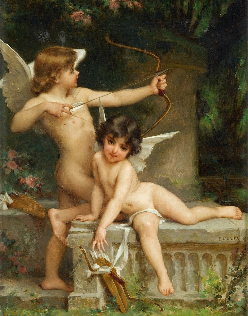 Émile Munier's 'Deux Amours' depicts two cherubic figures in a serene setting.