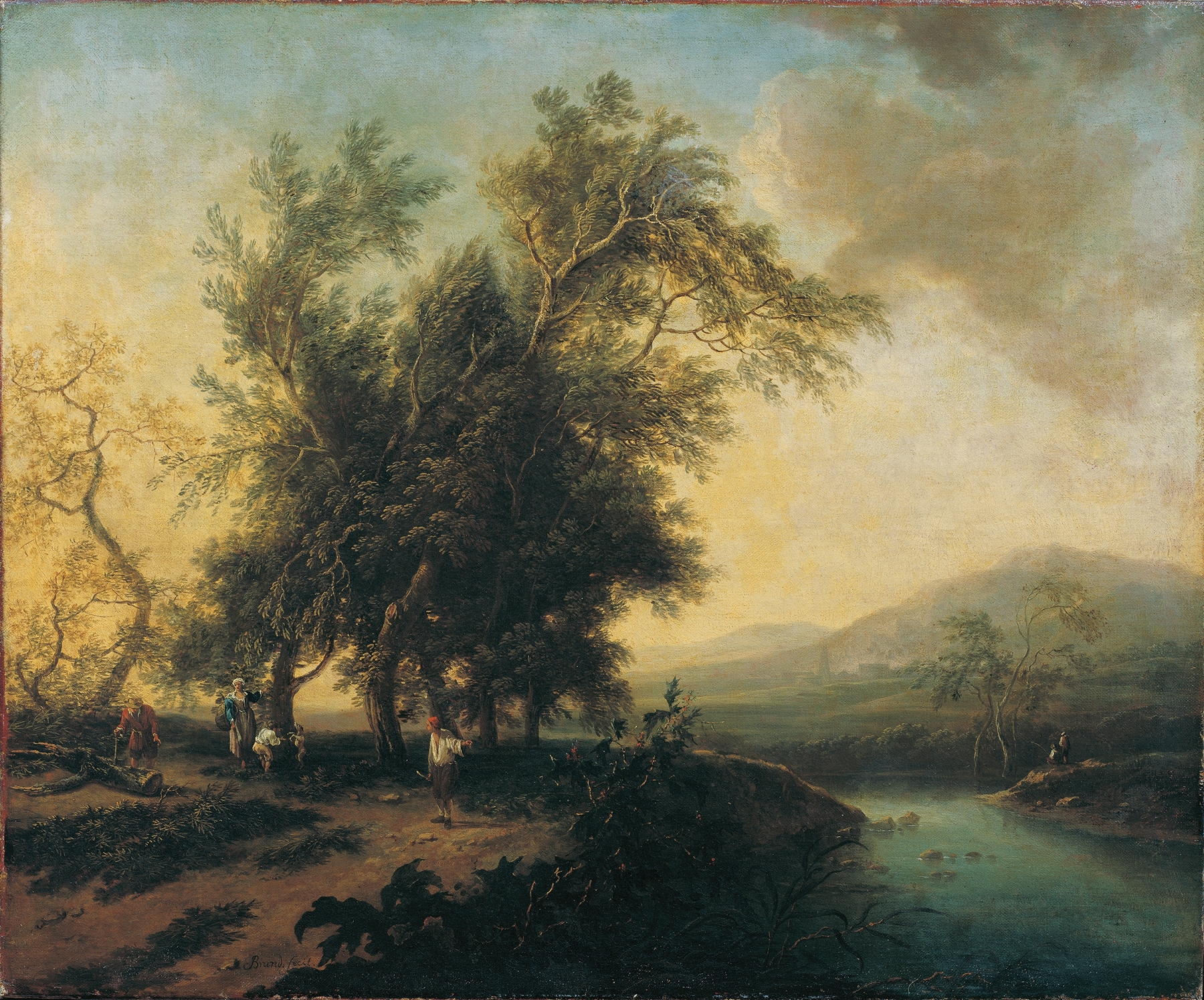 Landschaft mit Staffage by Christian Hilfgott Brand, oil on canvas depicting a serene landscape with figures.