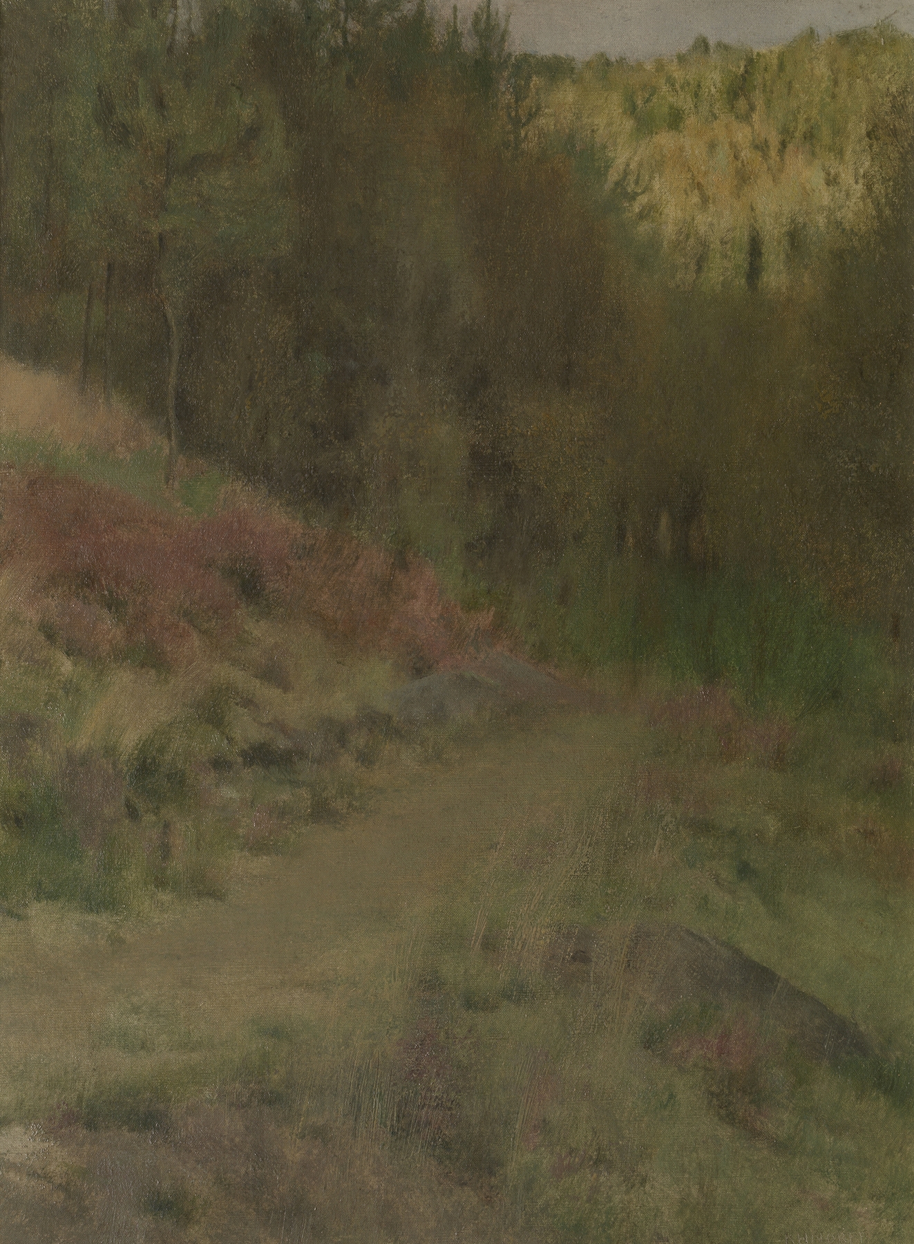 Landscape in Fosset by Fernand Khnopff, medium unknown, depicting rolling hills and tranquil waters.