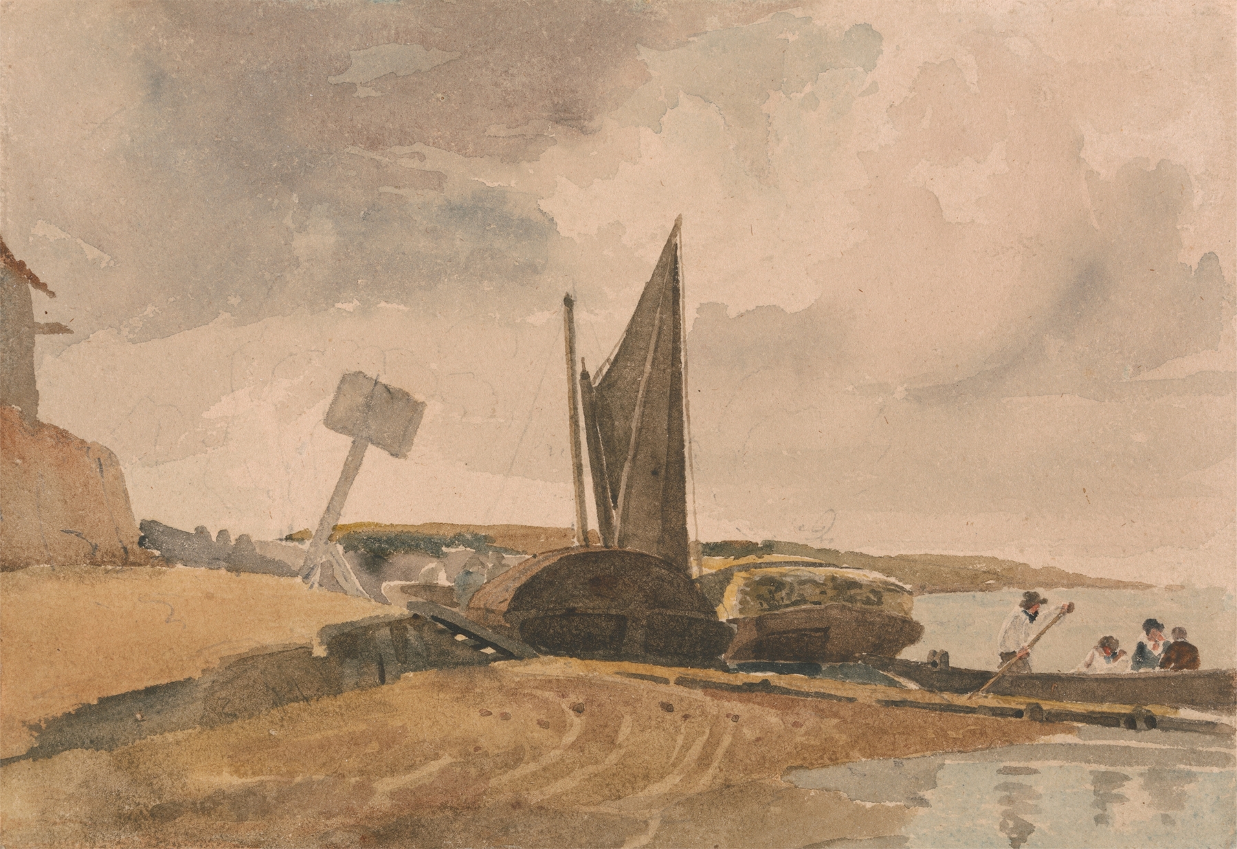 Low Tide, boat landing, by Peter DeWint, public domain