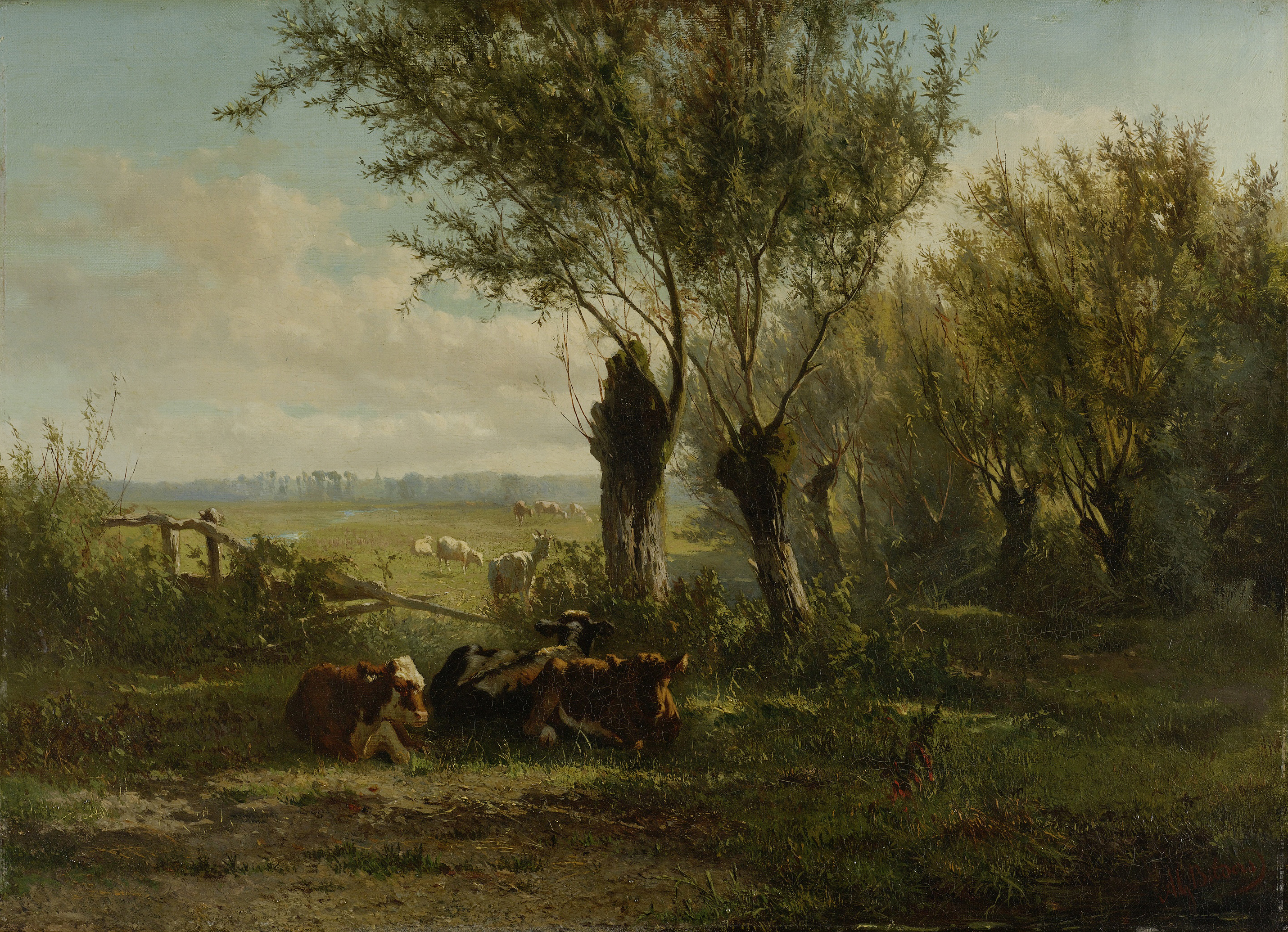 Landscape of a meadow with trees and a river, oil painting by Gerard Bilders