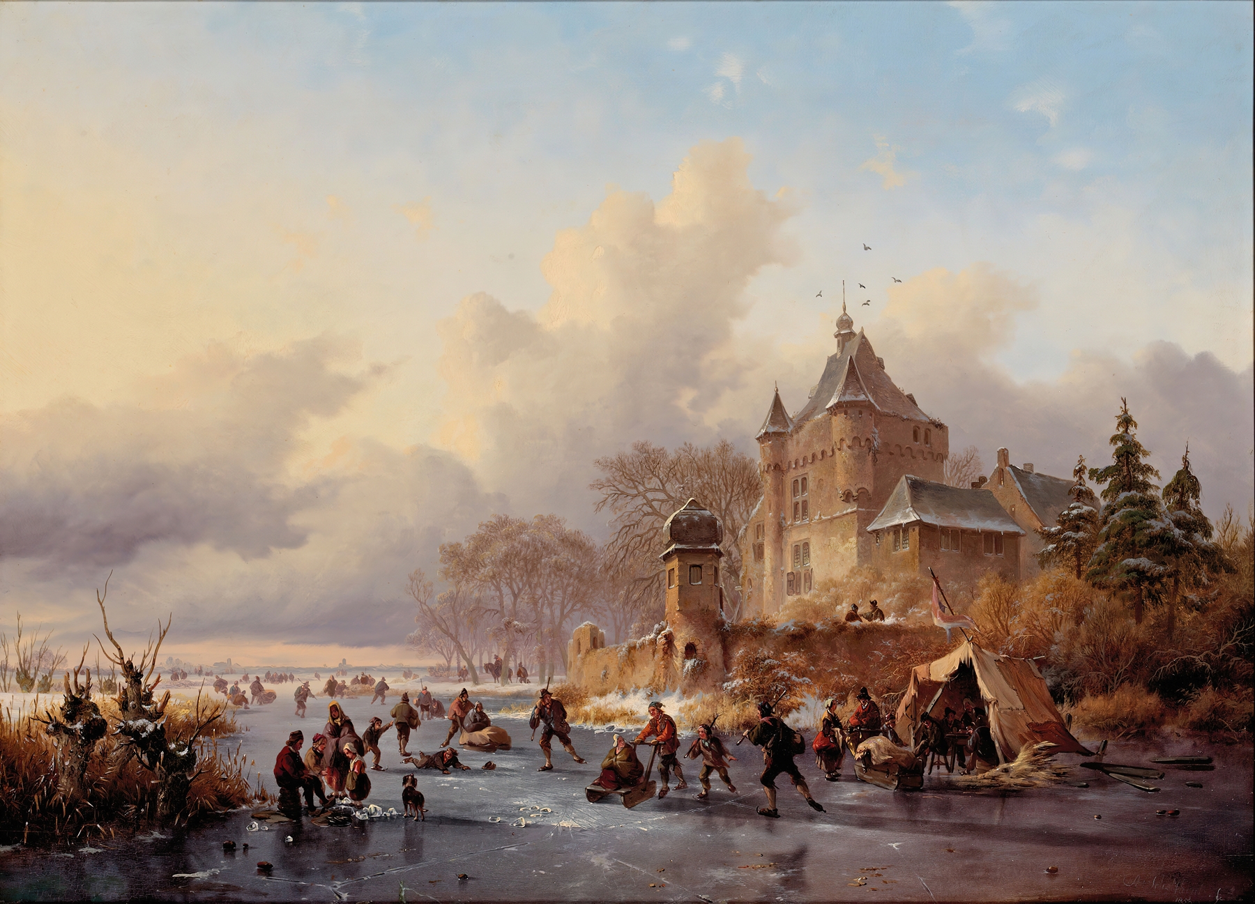 Winter landscape with skaters on ice near a castle, oil painting by Frederik Marinus Kruseman.