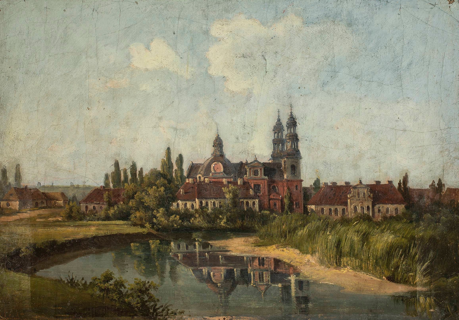 Landscape oil painting by Feliks Brzozowski depicting a church and monastery.