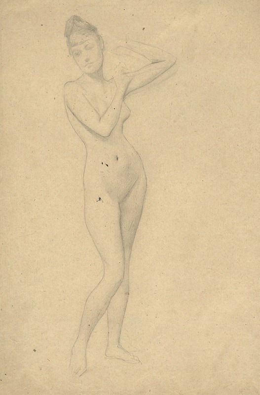 This painting depicts a standing female nude by Gustav Klimt.