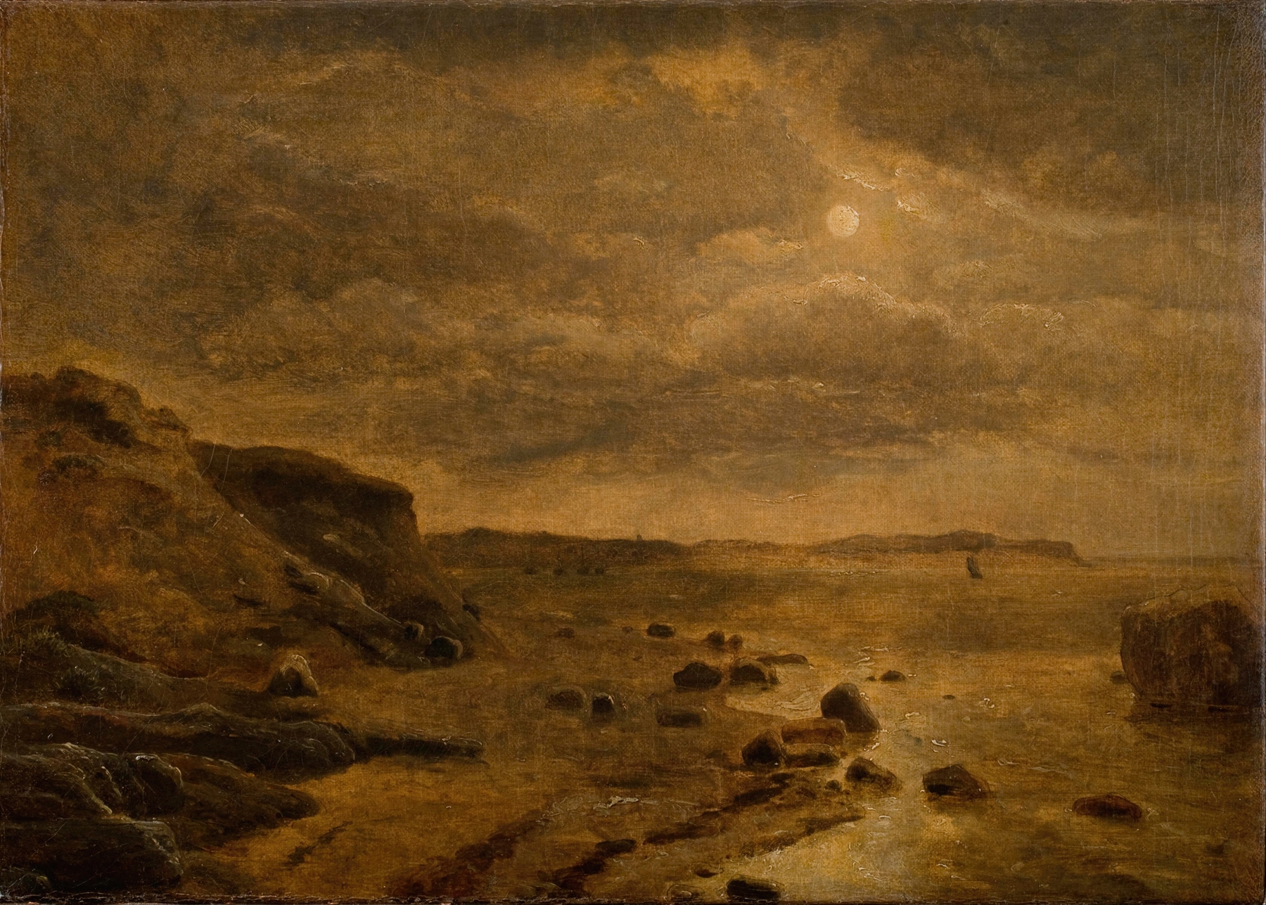 Moonlight landscape by Dankvart Dreyer, oil on canvas depicting the sea and waves