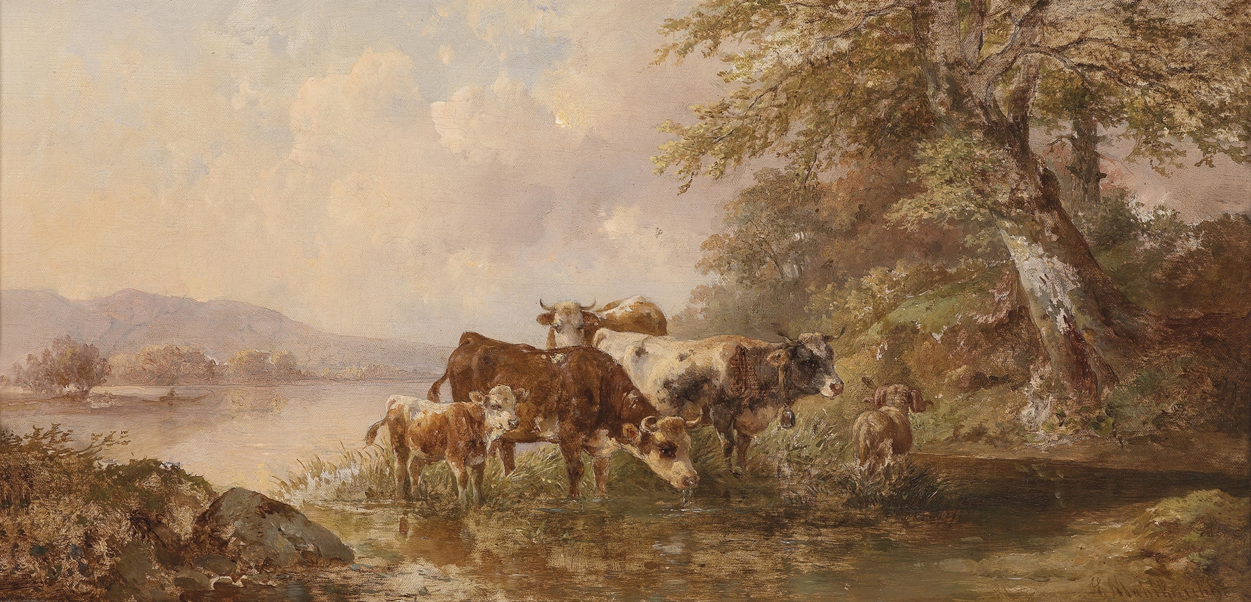 Kühe am Seeufer by Edmund Mahlknecht, oil on canvas, depicts a cow by a tranquil lake.