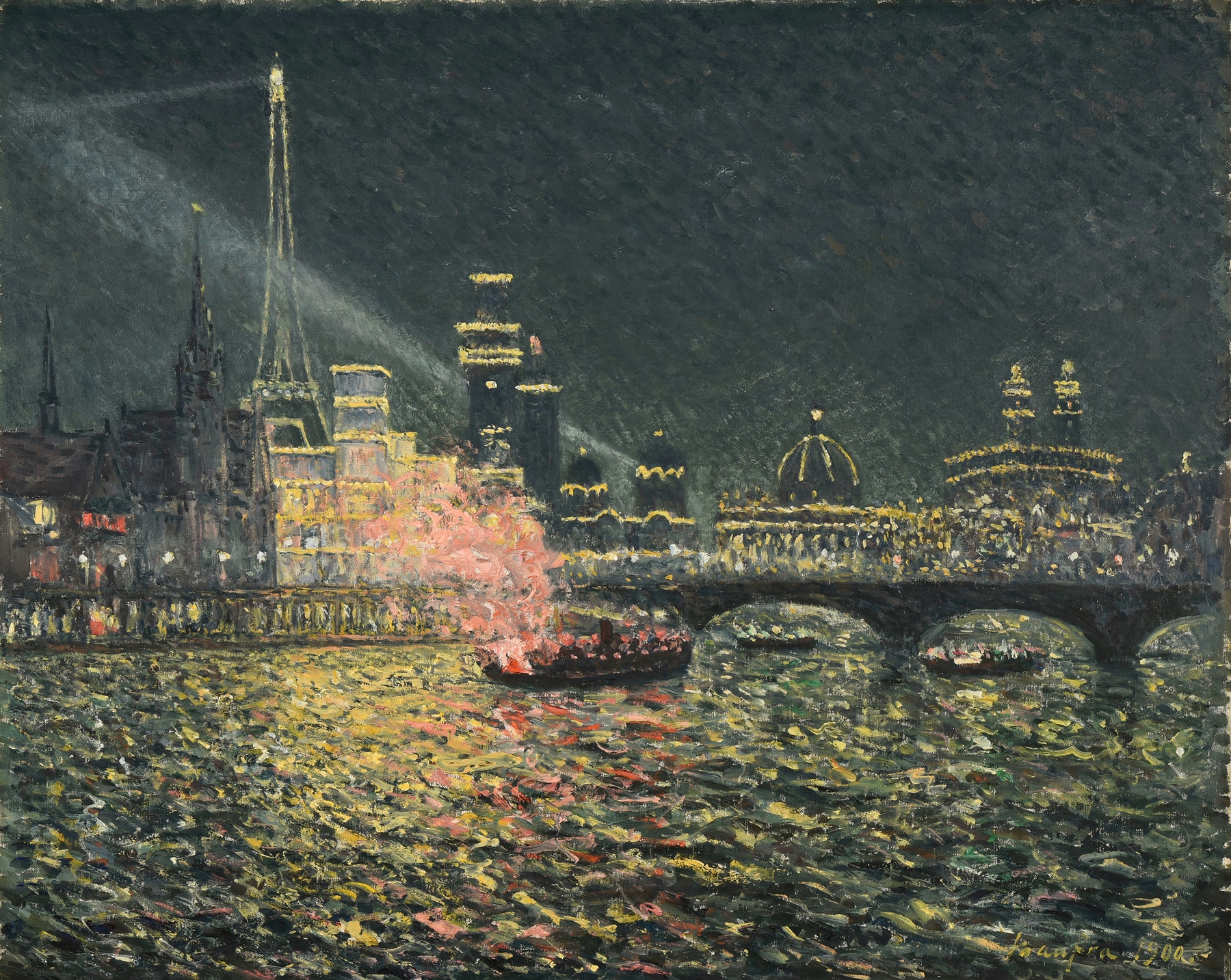 Féérie nocturne by Maxime Maufra, genre scene depicting Paris at night, gas lamps illuminating the crowd.