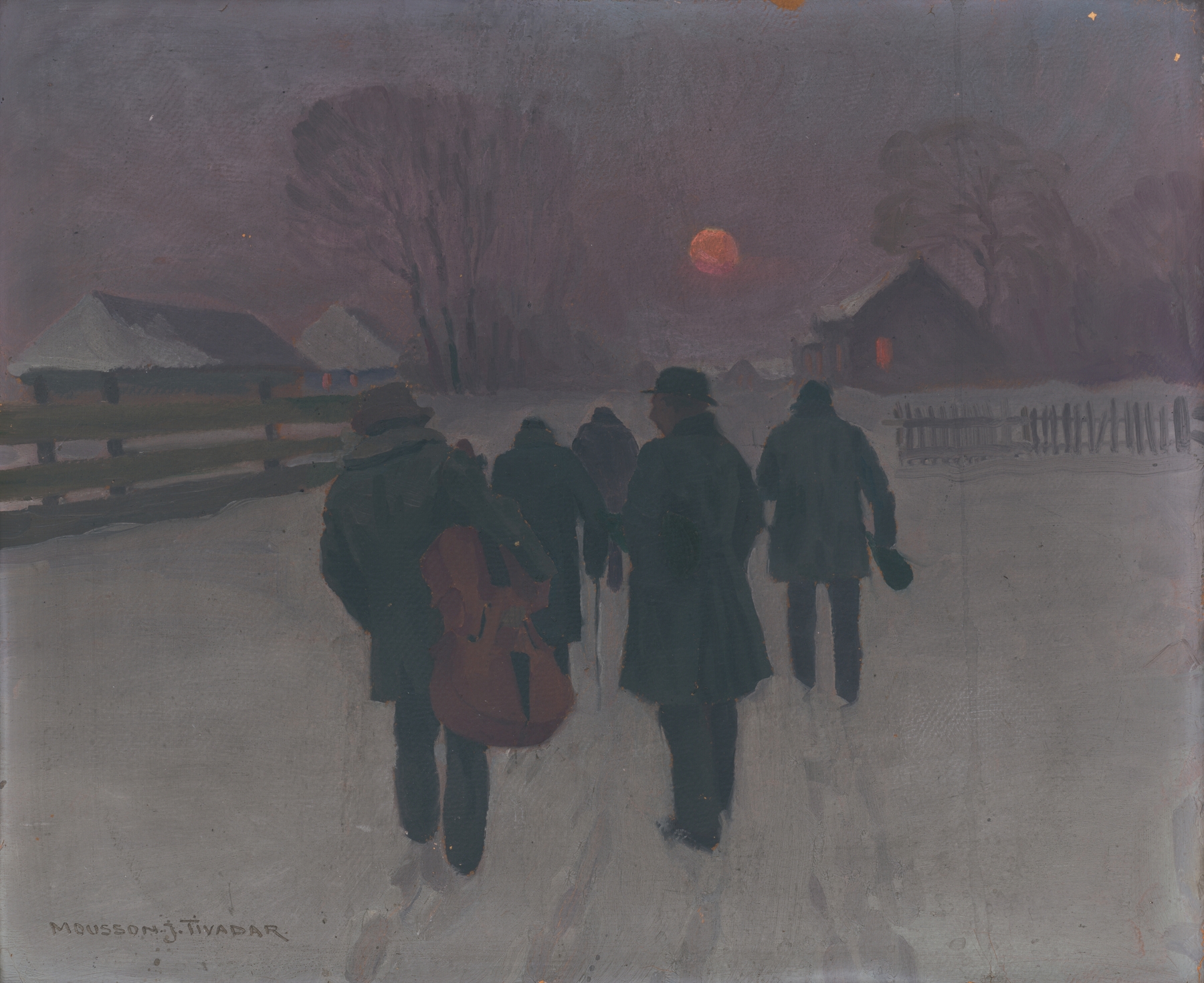 Impressionist oil painting by Jozef Teodor Mousson depicting musicians in a snowy landscape.