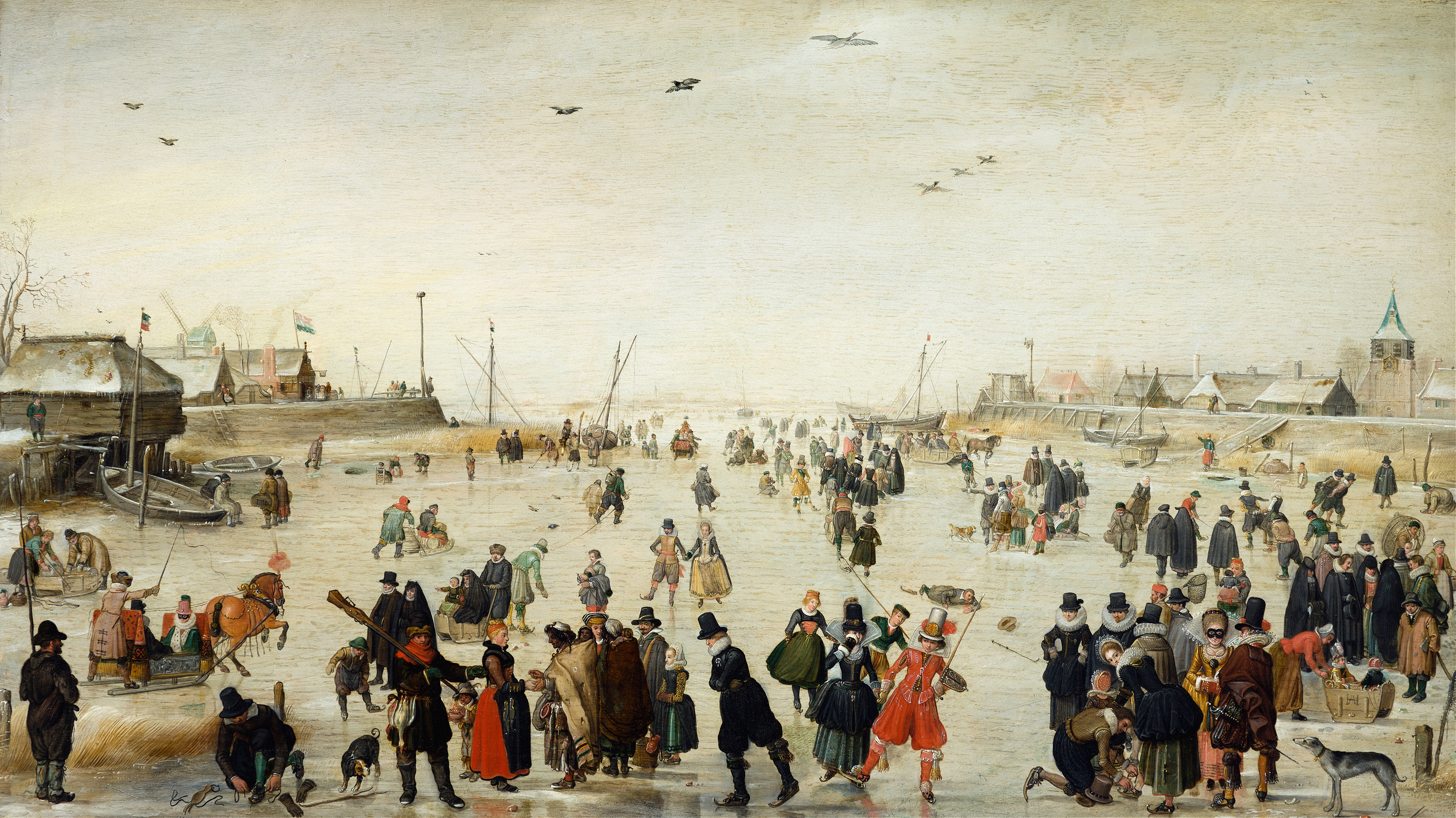 Winter Scene on a Frozen Canal, by Hendrick Avercamp, public domain