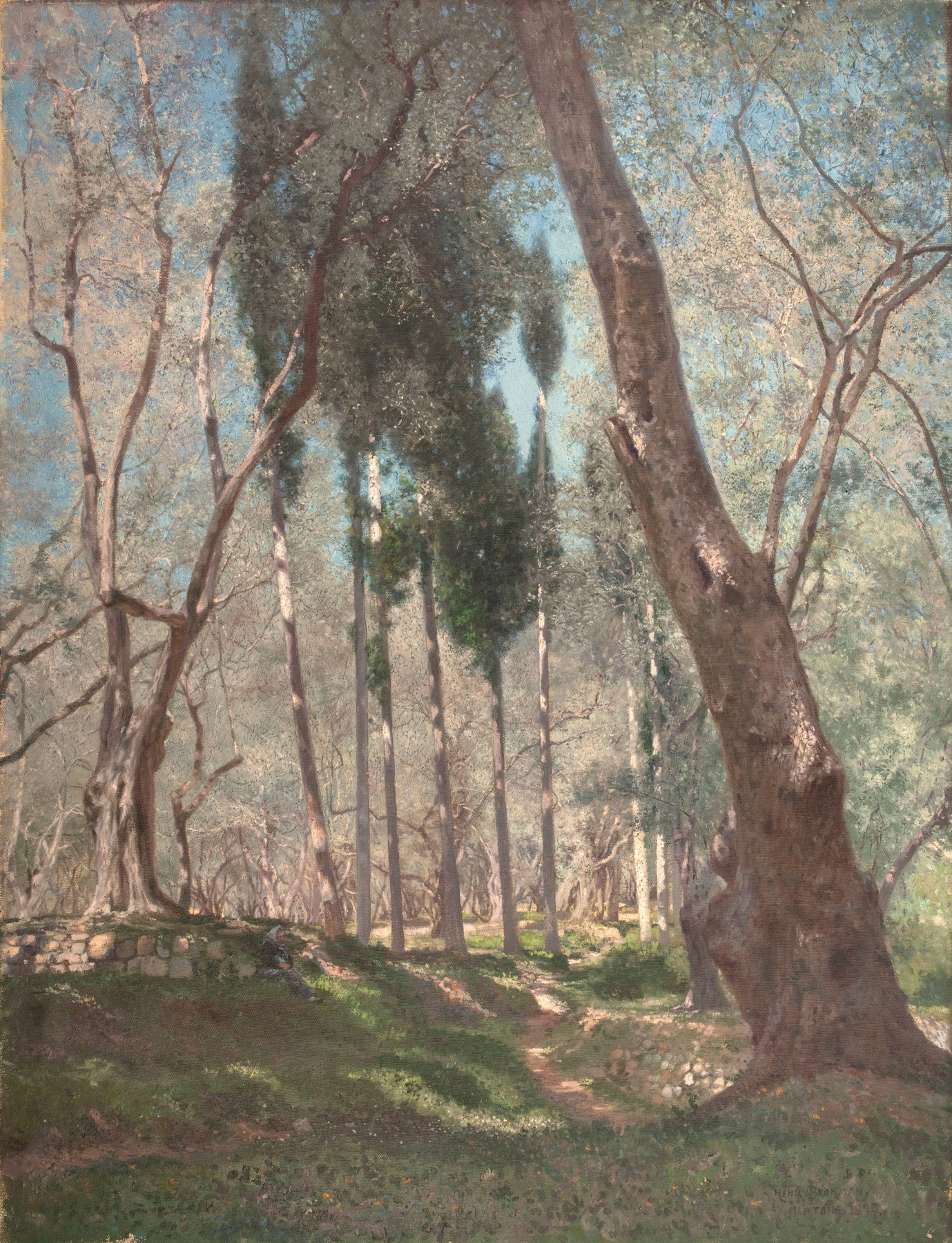 Oliviers à Menton by Henry Brokman, oil on canvas depicting olive trees and sunlight.