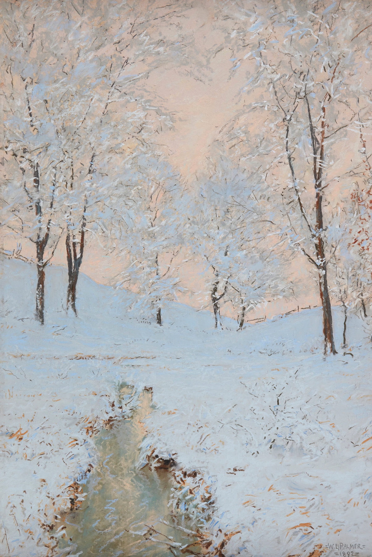 Winter Glow by Walter Launt Palmer, impressionist oil painting of a snowy forest.